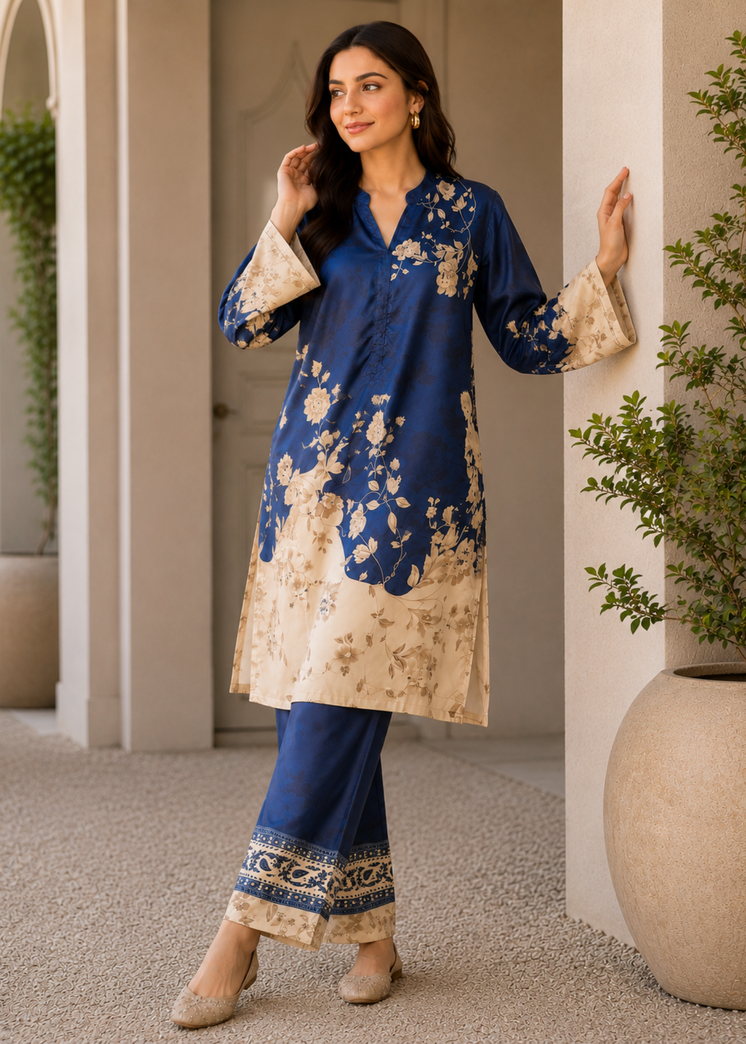 poly lawn Co Ord Sets in Cream, blue