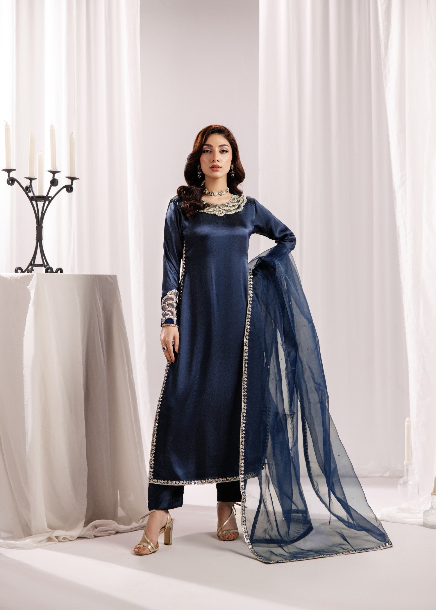 silk Kurta Set in Prussian blue