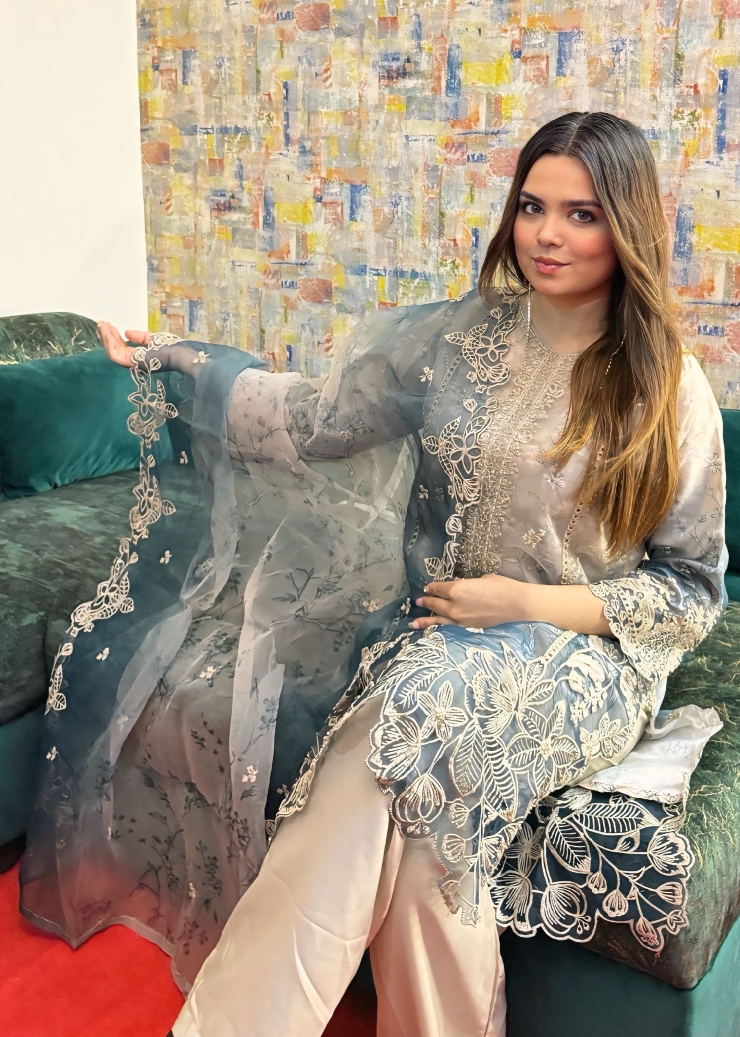 organza Kurta Set in Ash grey, grey