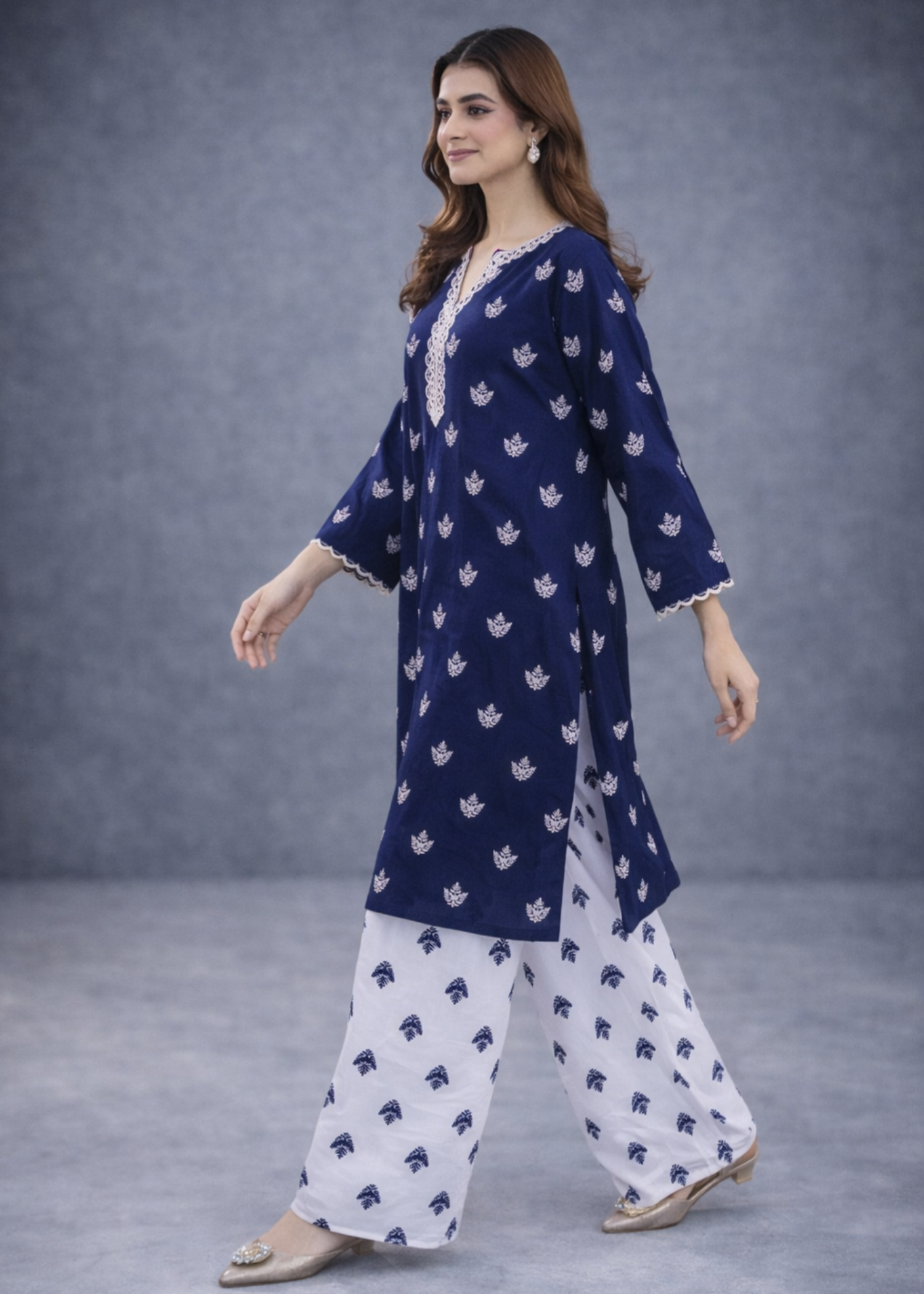 linen Co Ord Sets in White, navy blue