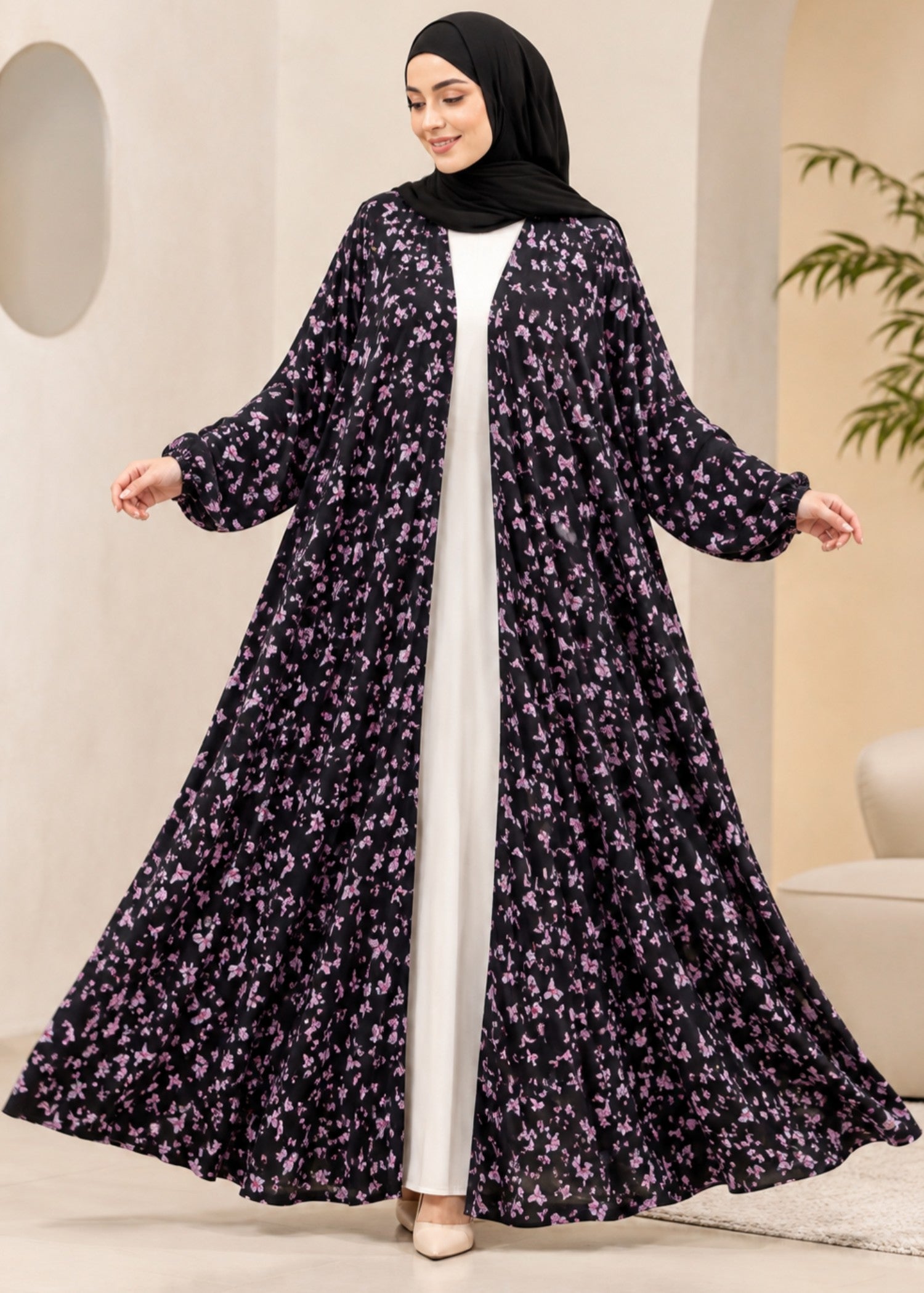 crepe georgette Abaya in Black, pink