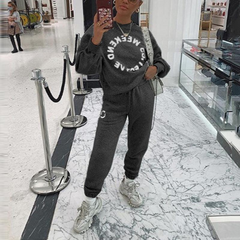 Letter Print Long-Sleeved Loose Casual Sweater Suit