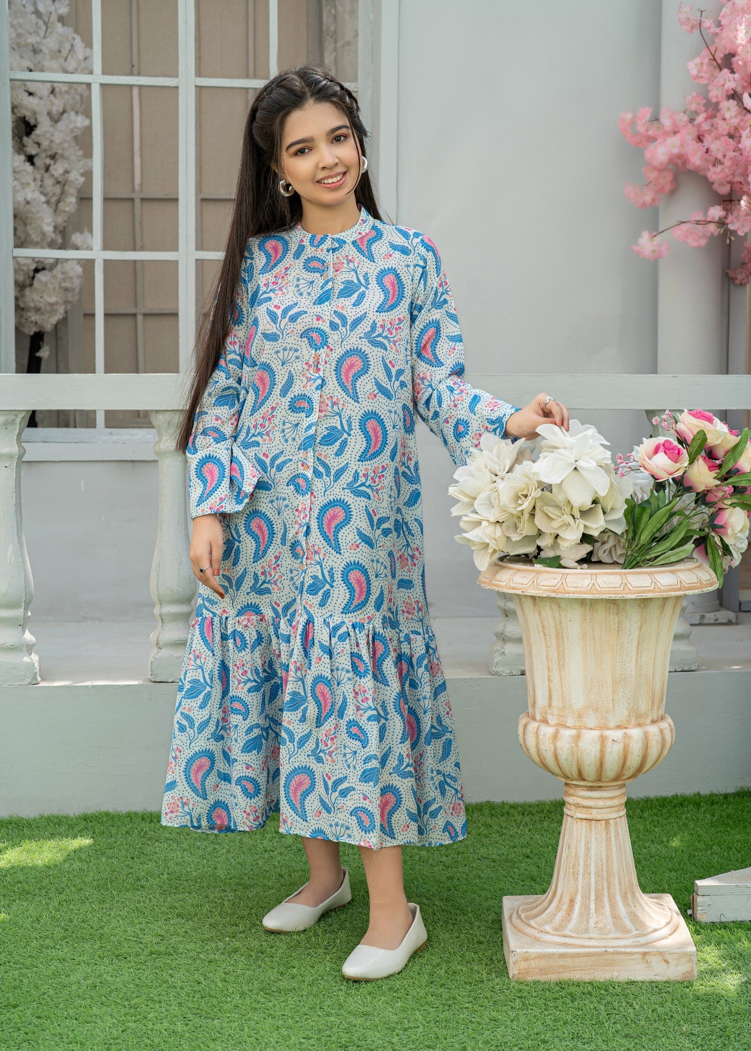 arabic lawn Frock in Light blue
