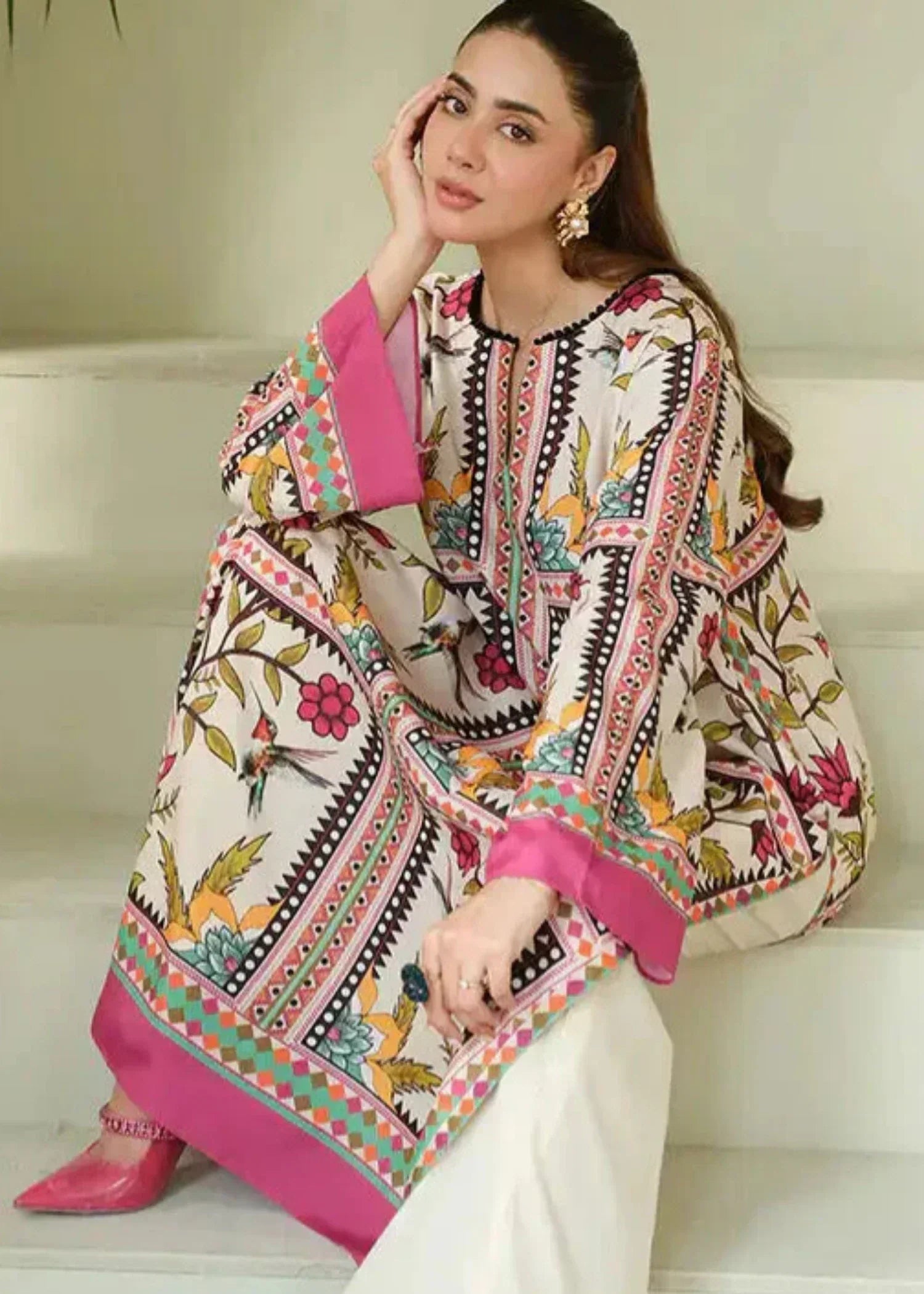 blended khaddar Kurta Set in Beige