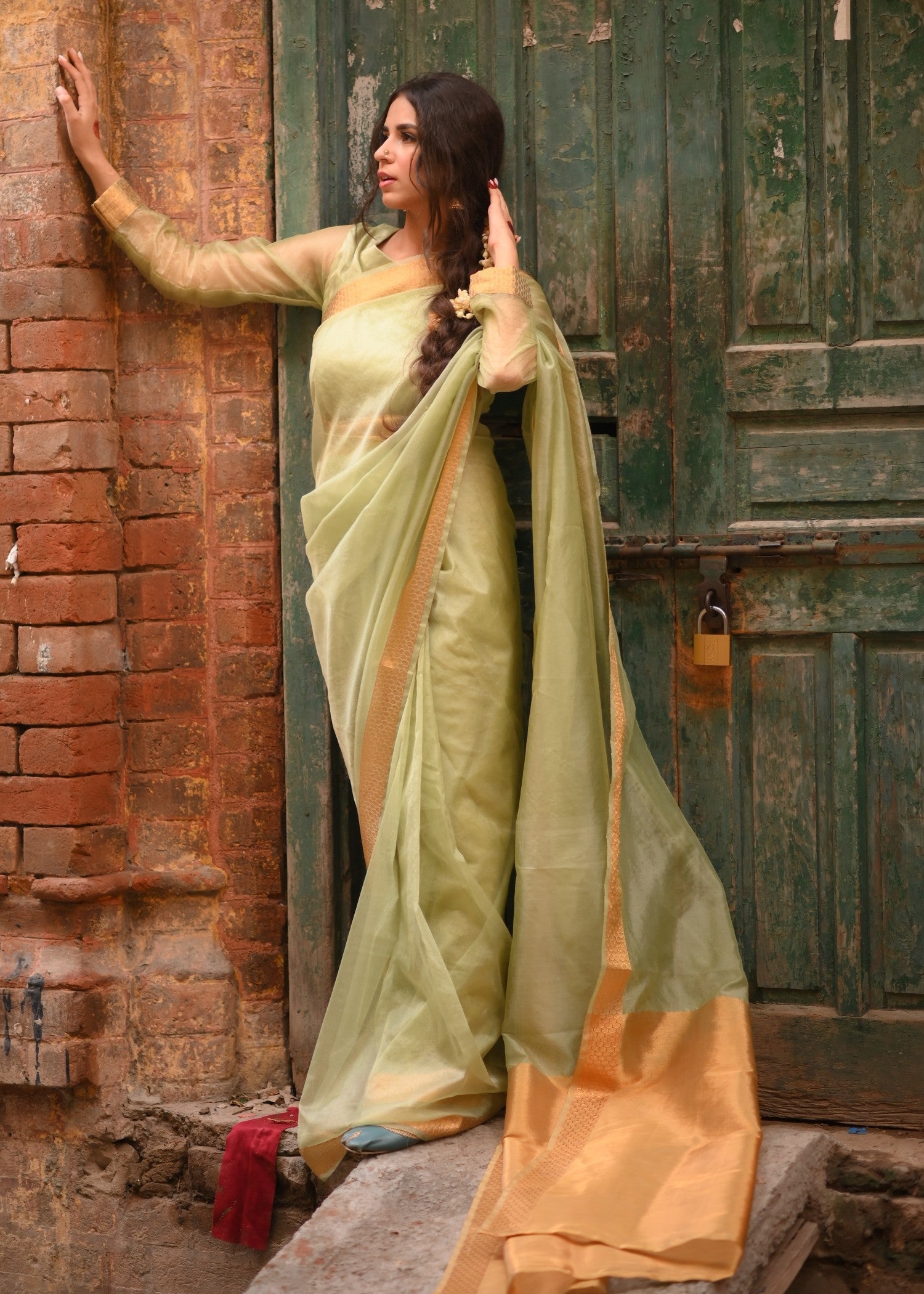 zari organza Saree in Sage green
