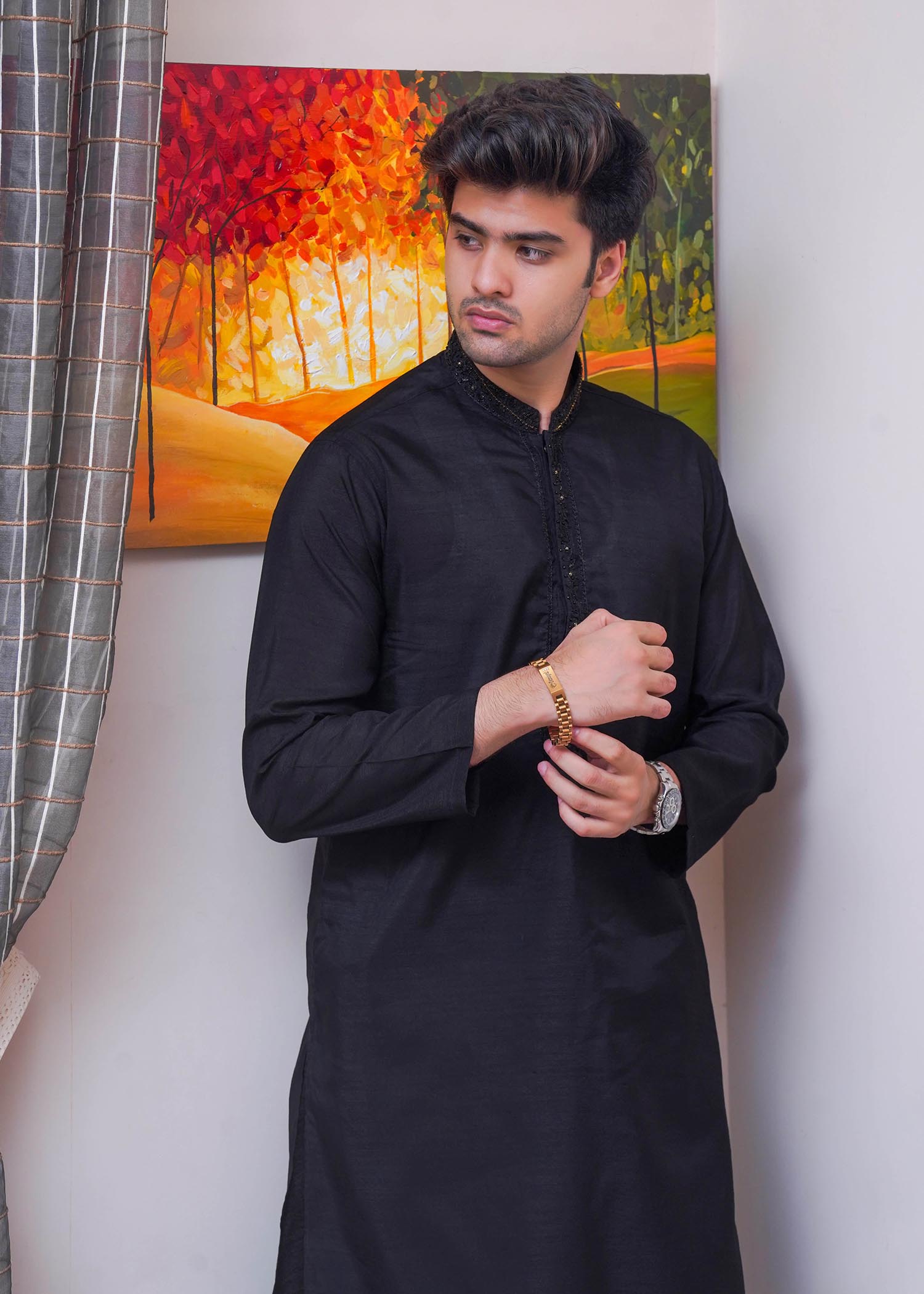 raw silk Kurta Set in Black by Real Image Clothing