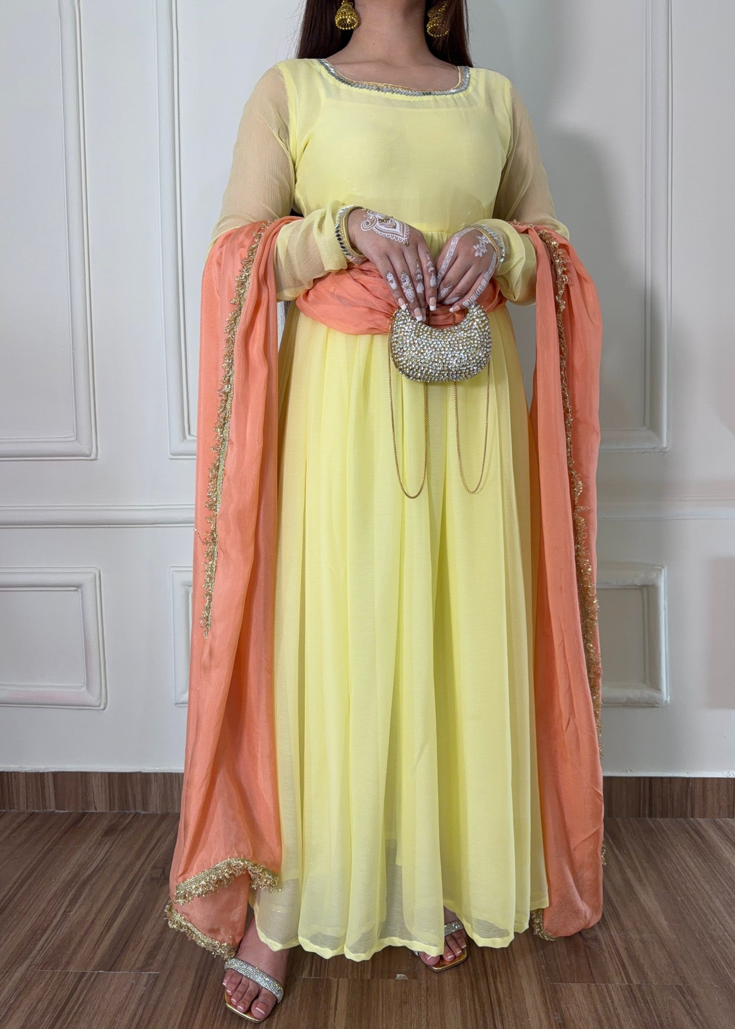 bemberg crinkle chiffon Maxi in Peach pink, pale yellow