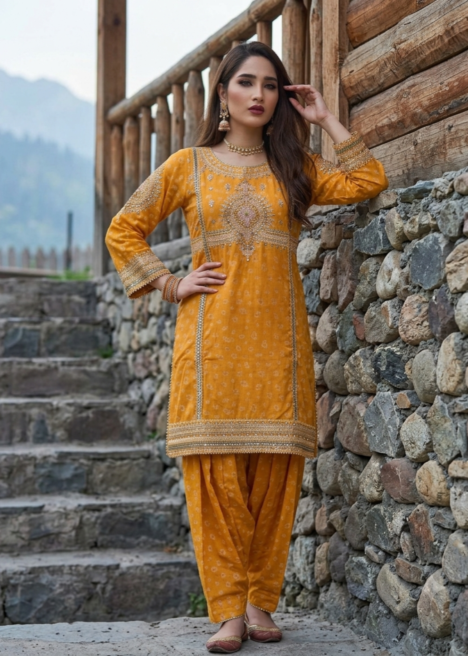 jacquard Kurta Set in Mustard