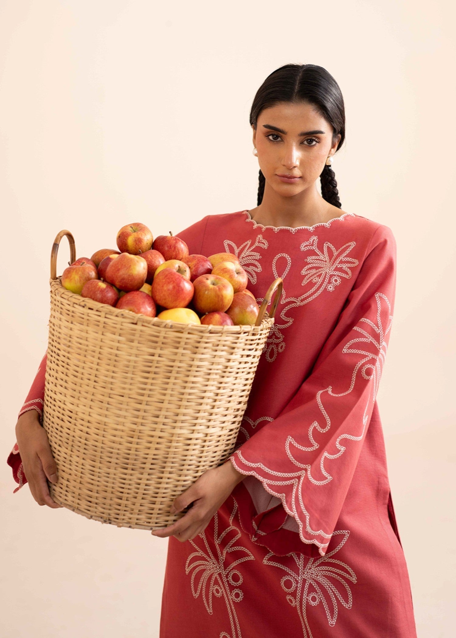 slub khaddar Kurta Set in Coral pink