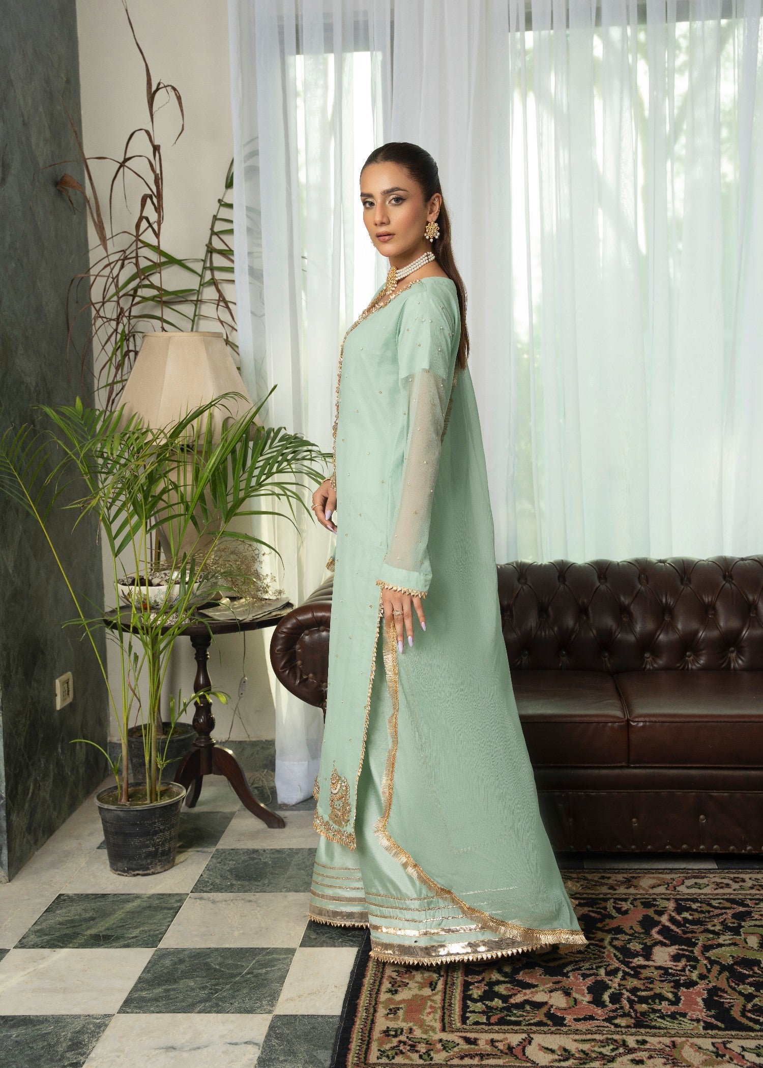 chiffon Kurta Set in Tea green