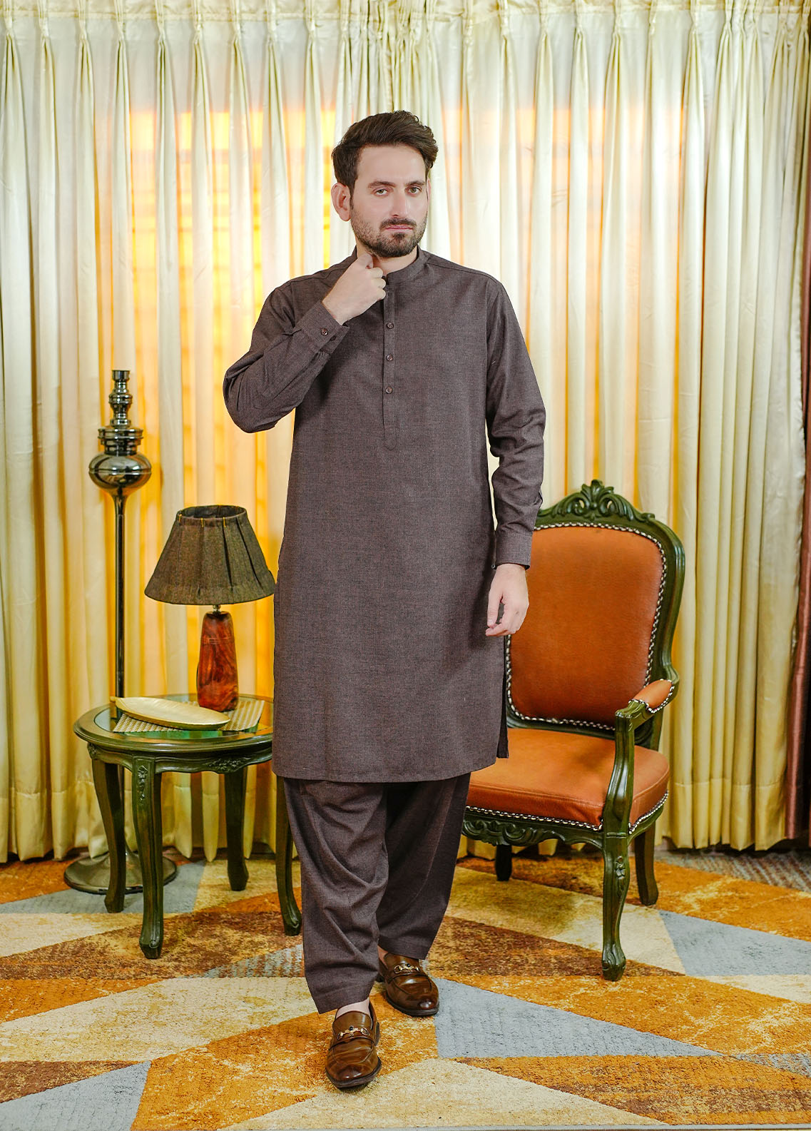acrylic wool Shalwar Kameez in Mocha brown