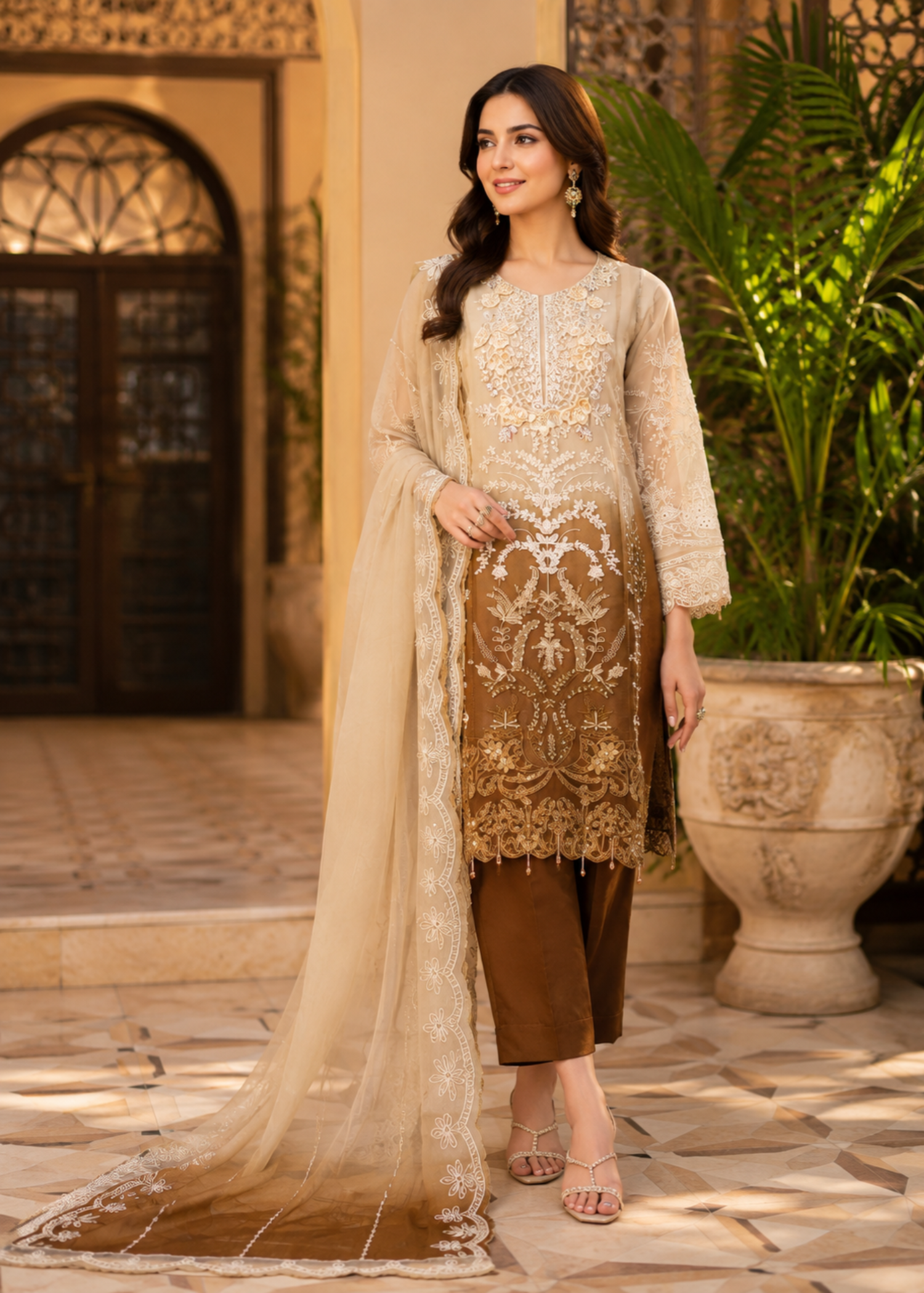 chiffon Kurta Set in Coffee brown, buttercream