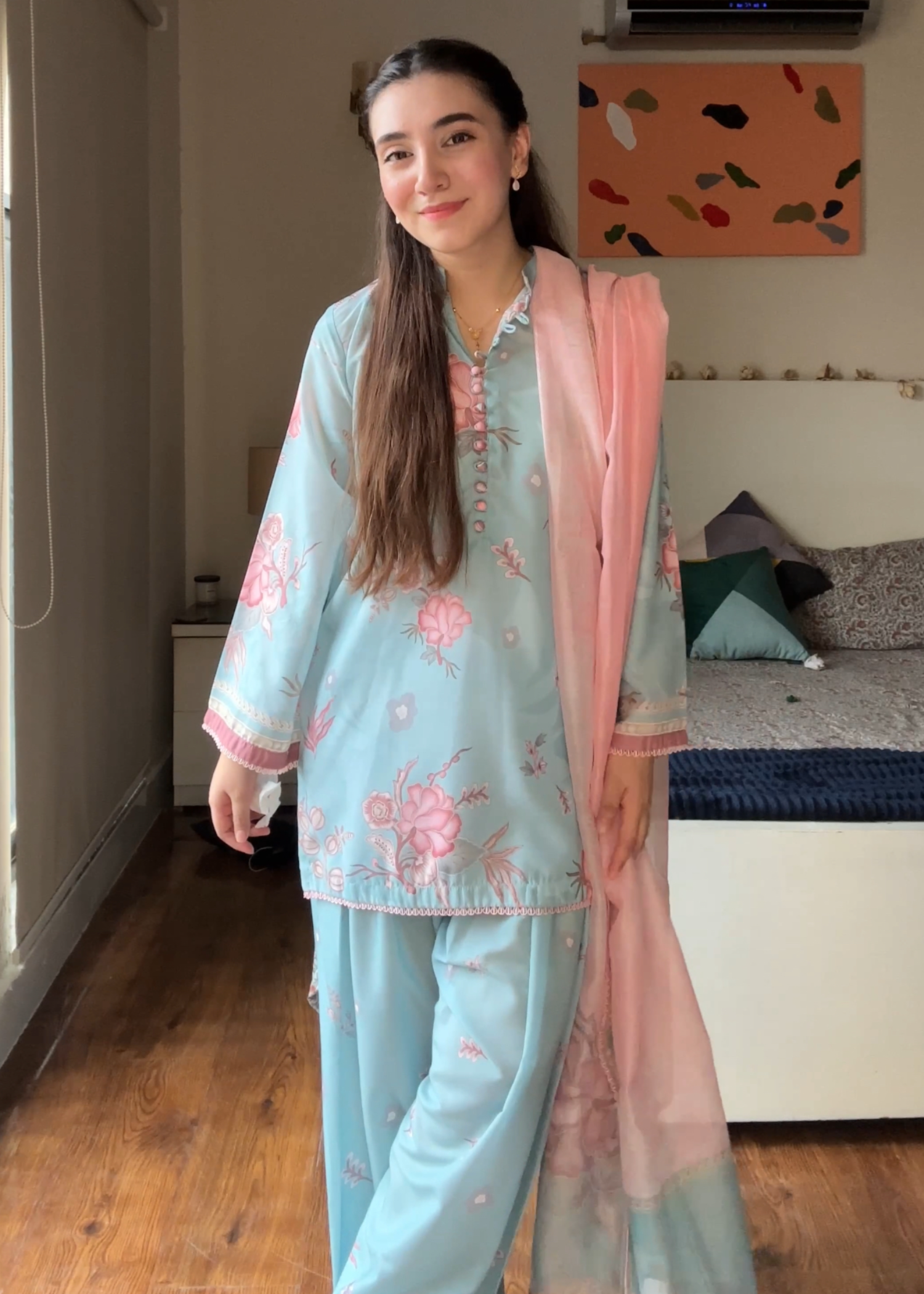 silk finish lawn Kurta Set in Sky blue
