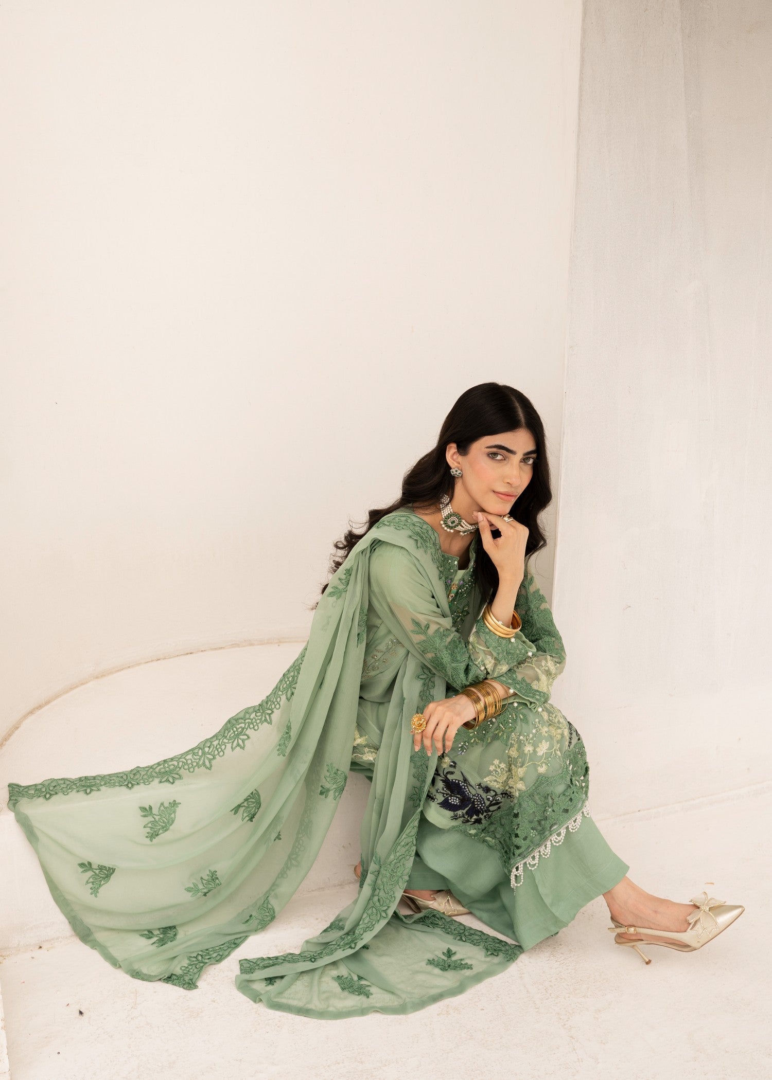 chiffon Kurta Set in Pistachio green