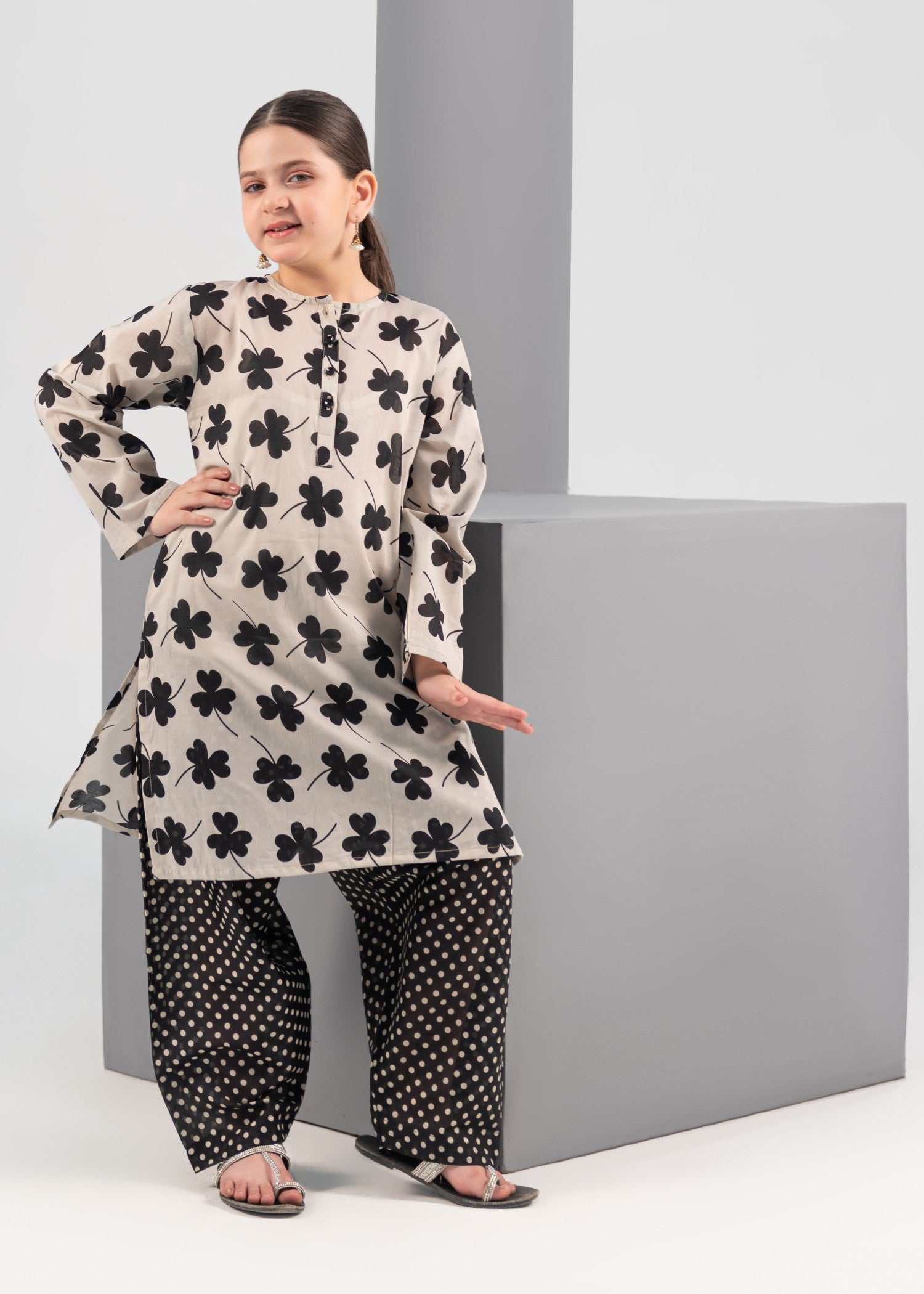 poly lawn Kurta Set in Black, beige
