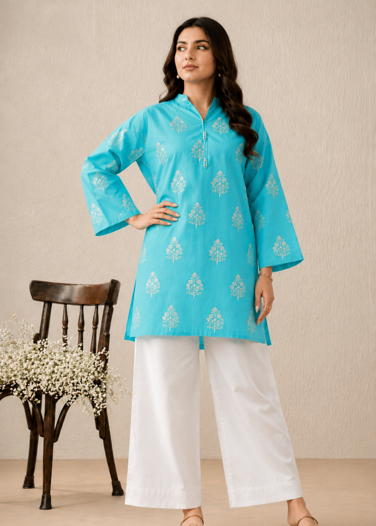 lawn Kurta Set in Turquoise