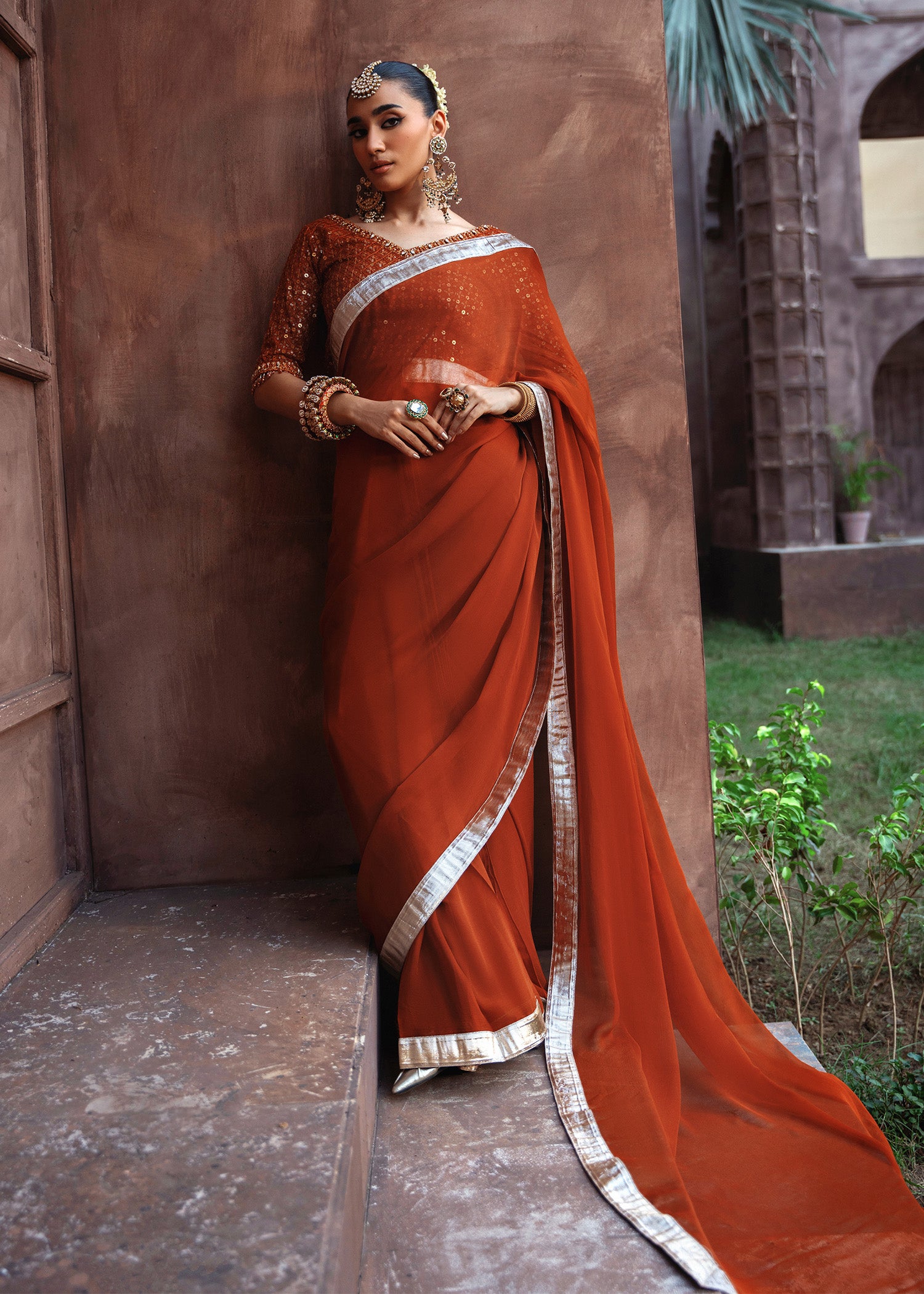 chiffon Saree in Rust orange