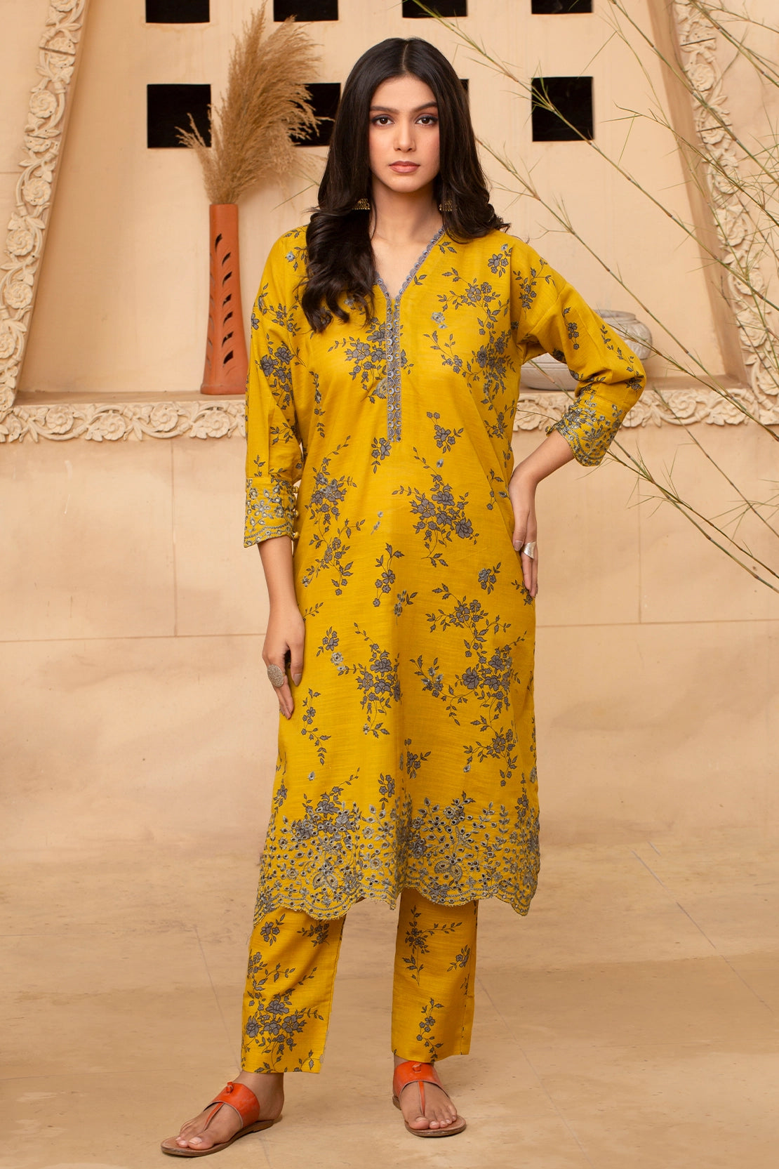 twill khaddar Unstitched in Mustard