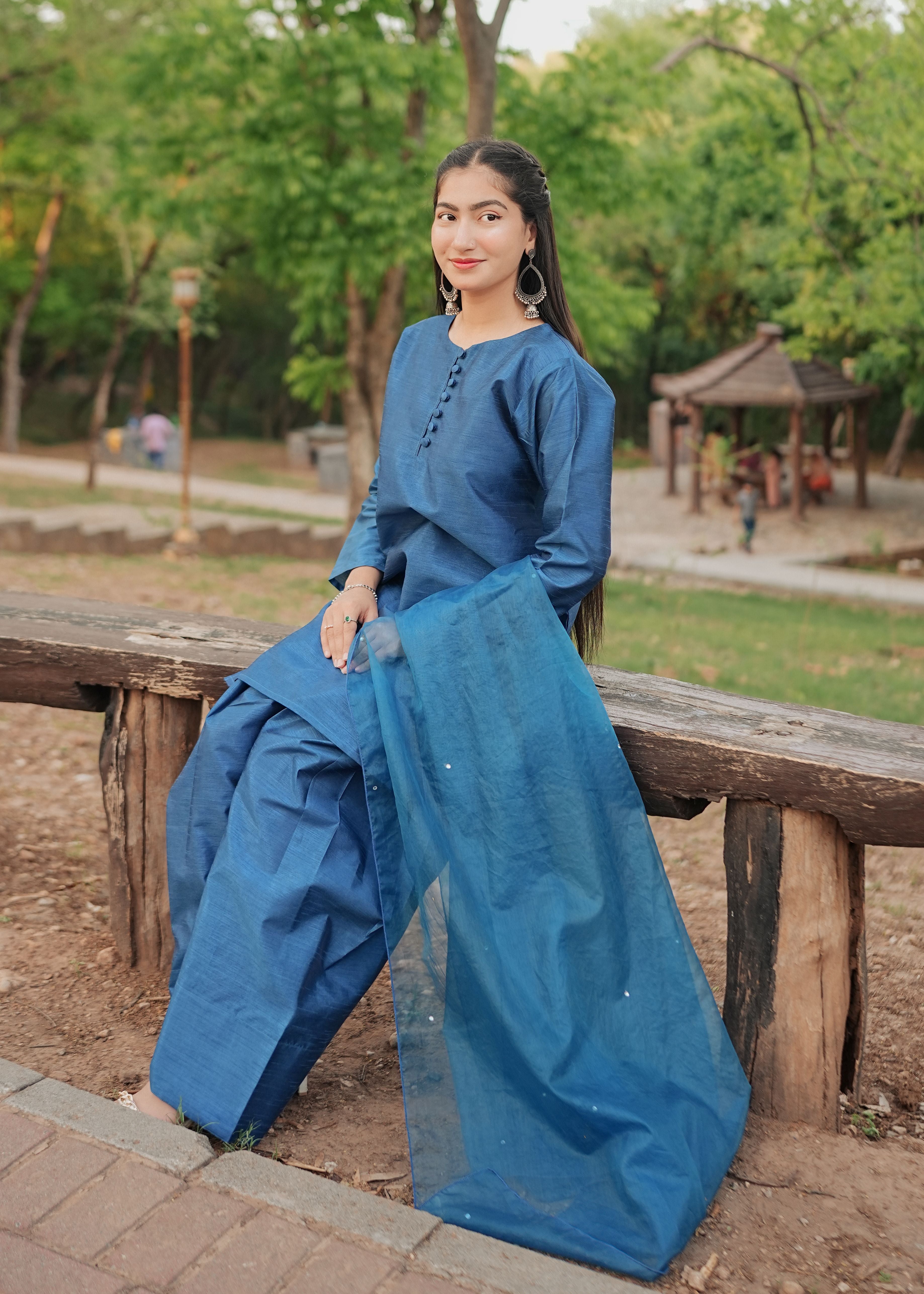 raw silk Kurta Set in Steel blue
