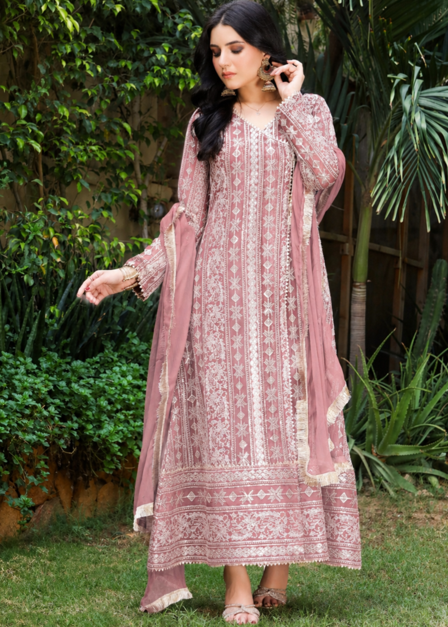 chiffon Angrakha in Melon pink