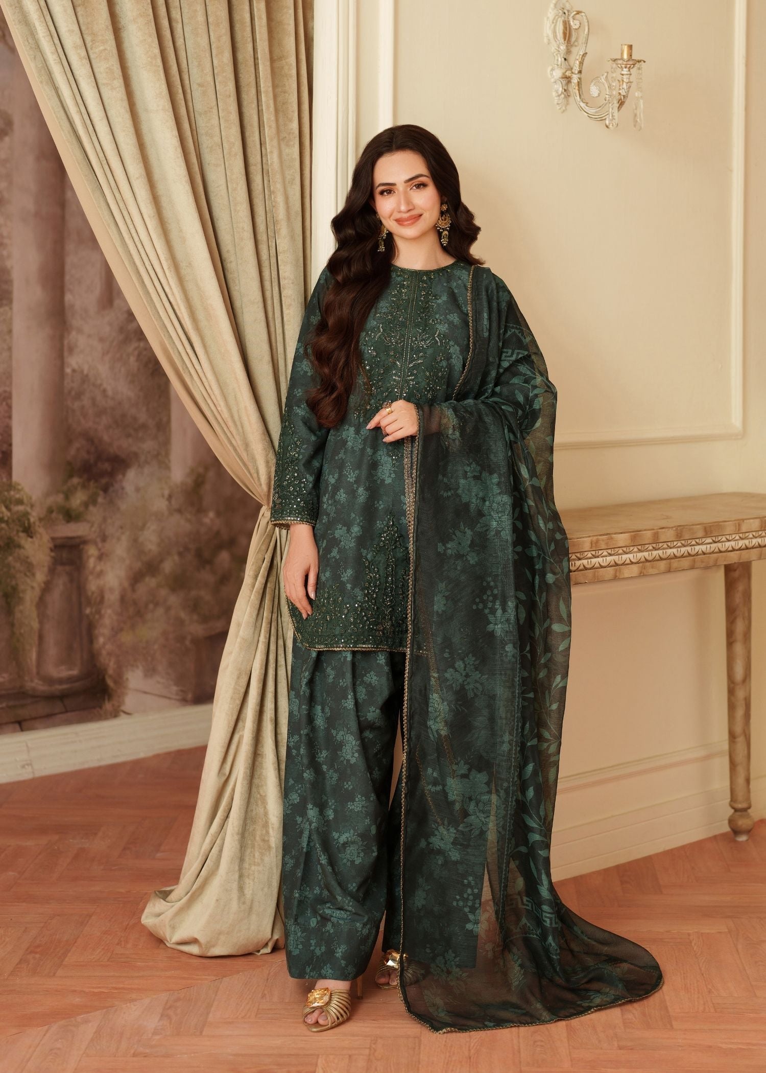 twill khaddar Kurta Set in Green