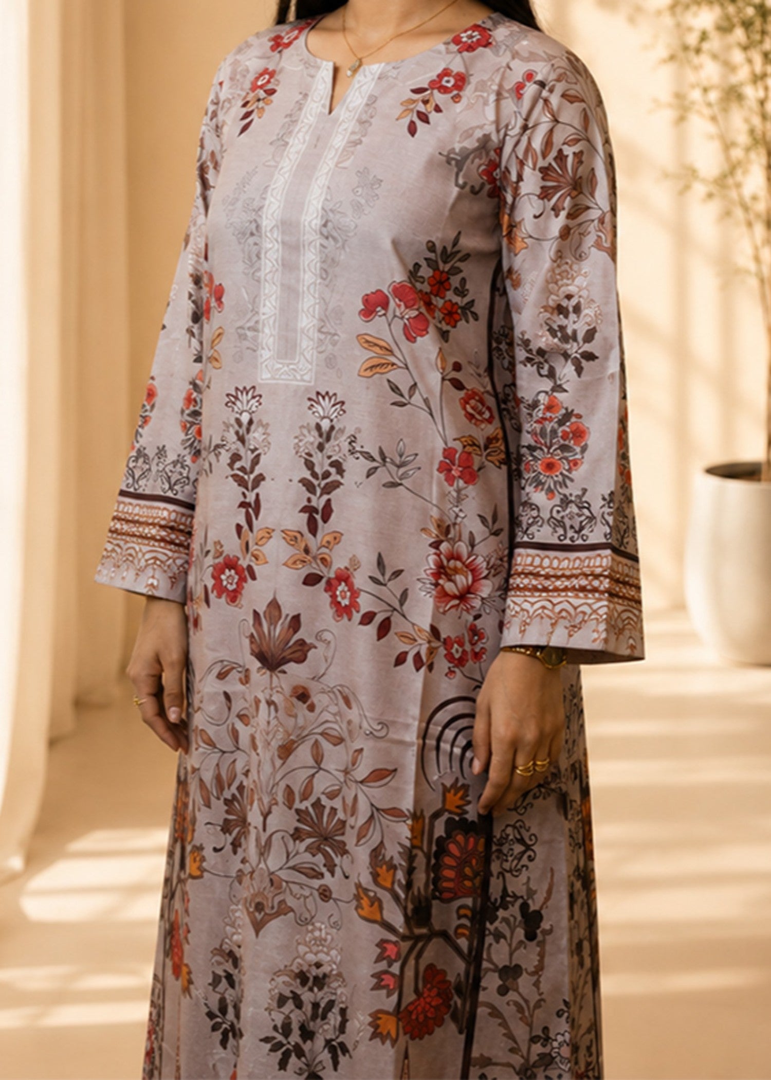 poly lawn Kurta Set in Tan brown