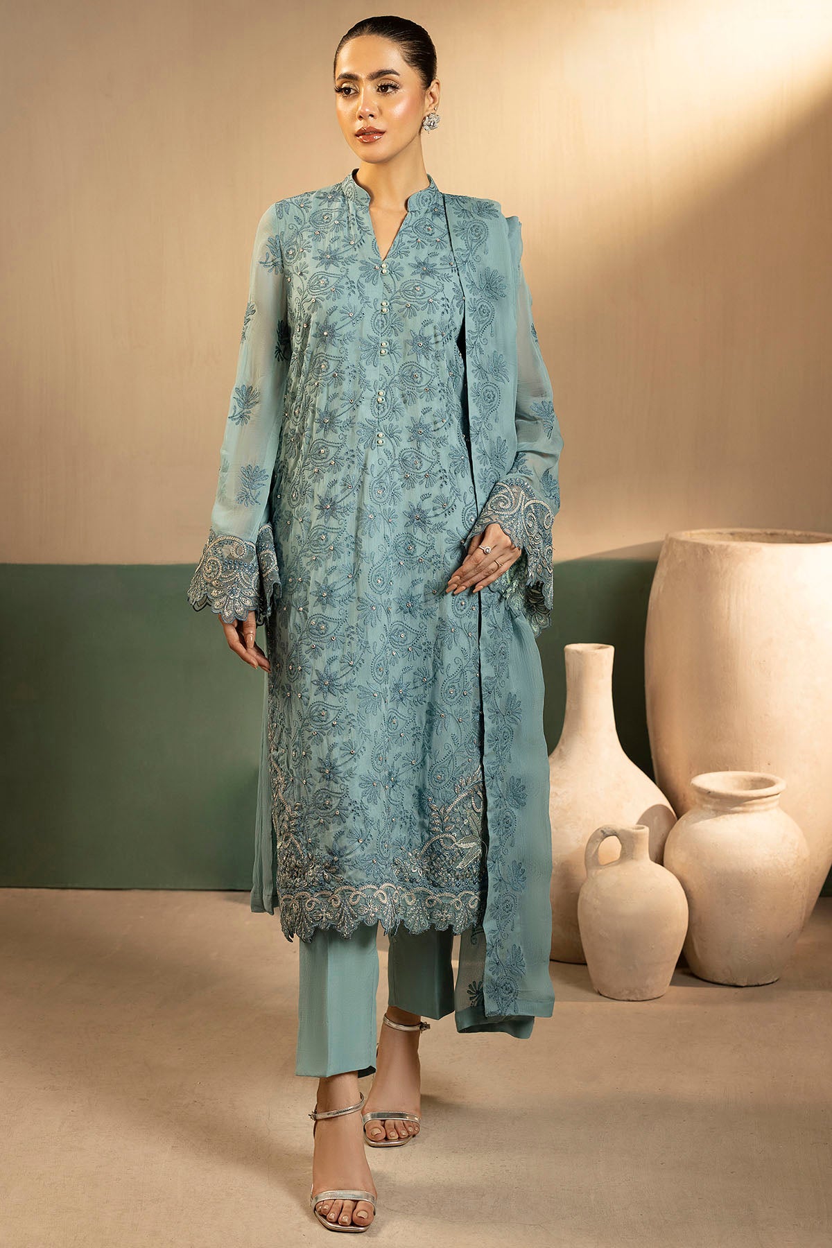 crinkle chiffon Unstitched in Light blue