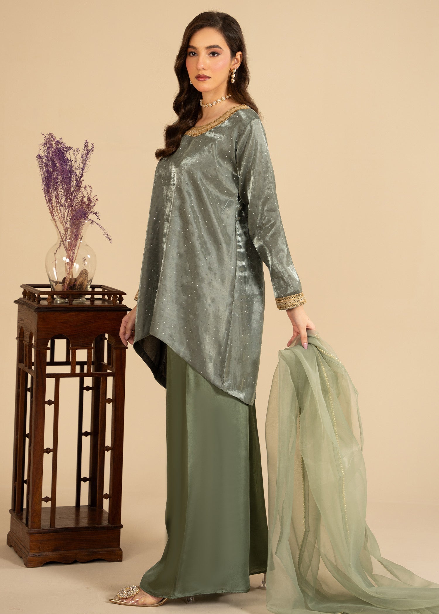 zari organza Short Frock in Moss green