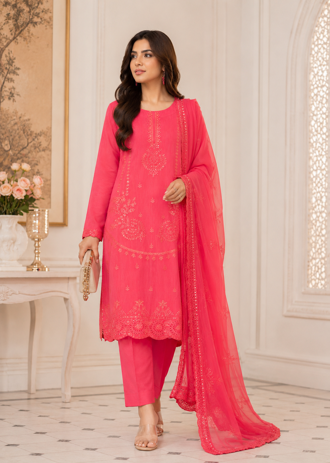 cotton Kurta Set in Coral orange