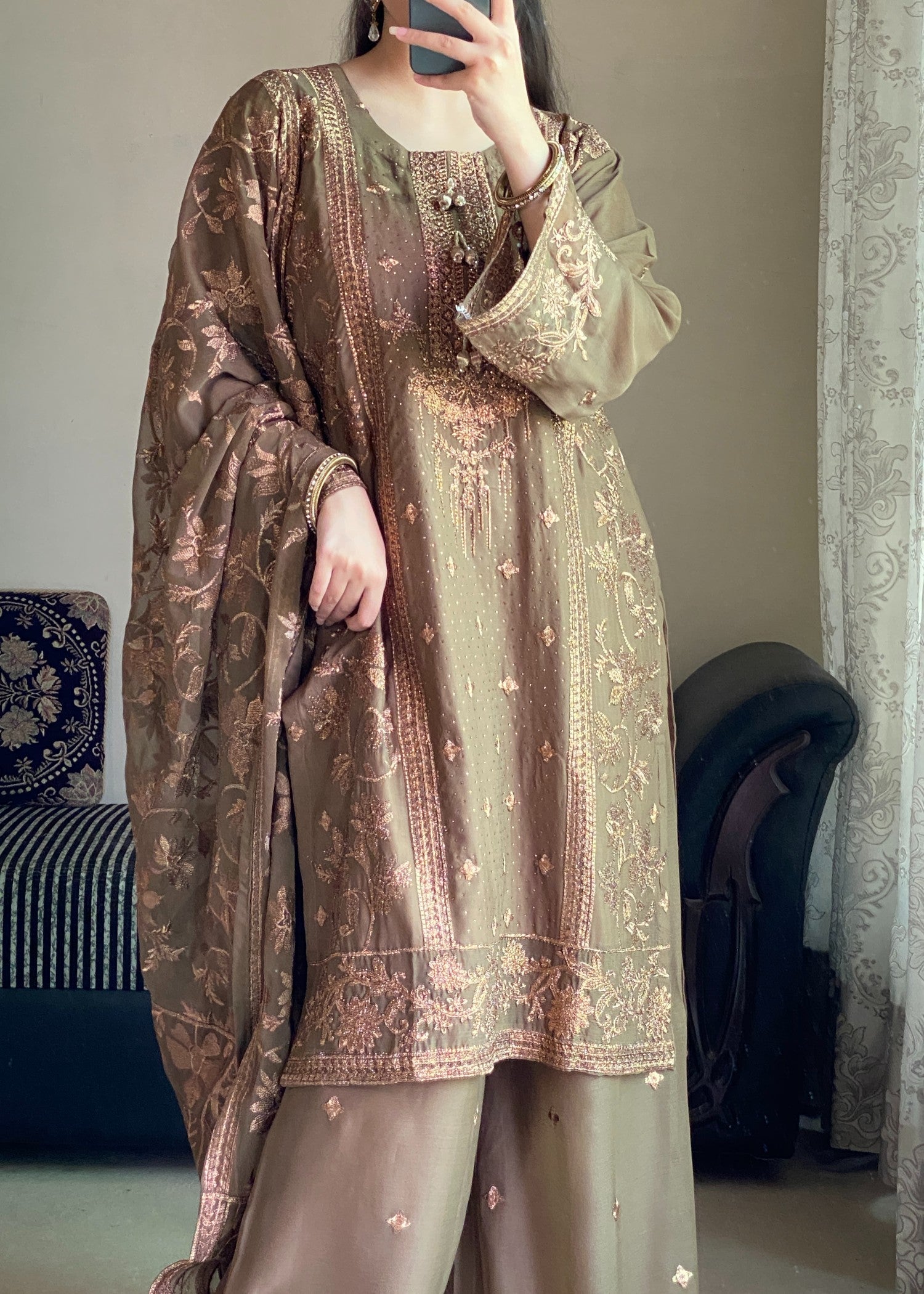 chiffon Kurta Set in Chocolate brown