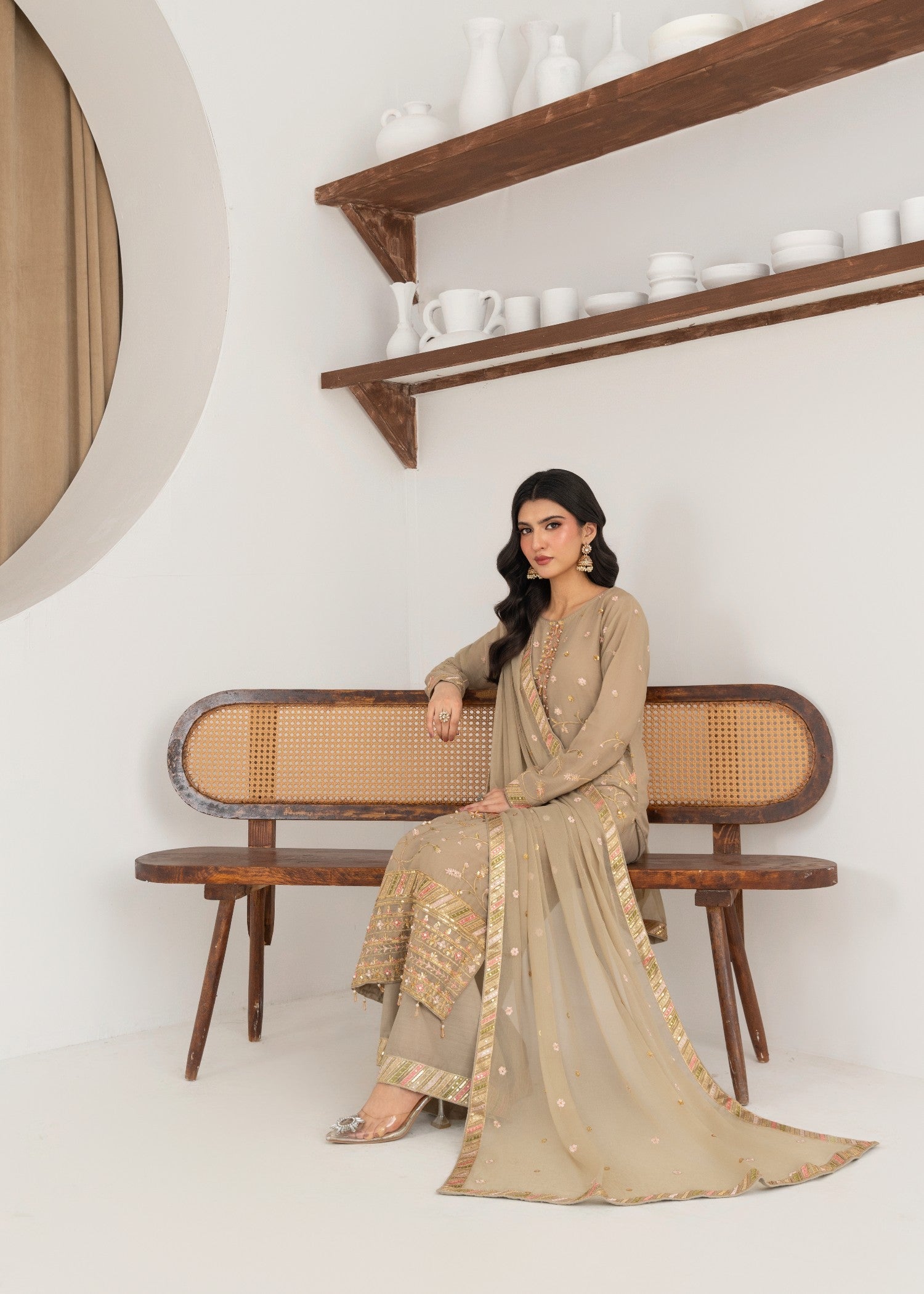 crinkle chiffon Kurta Set in Beige