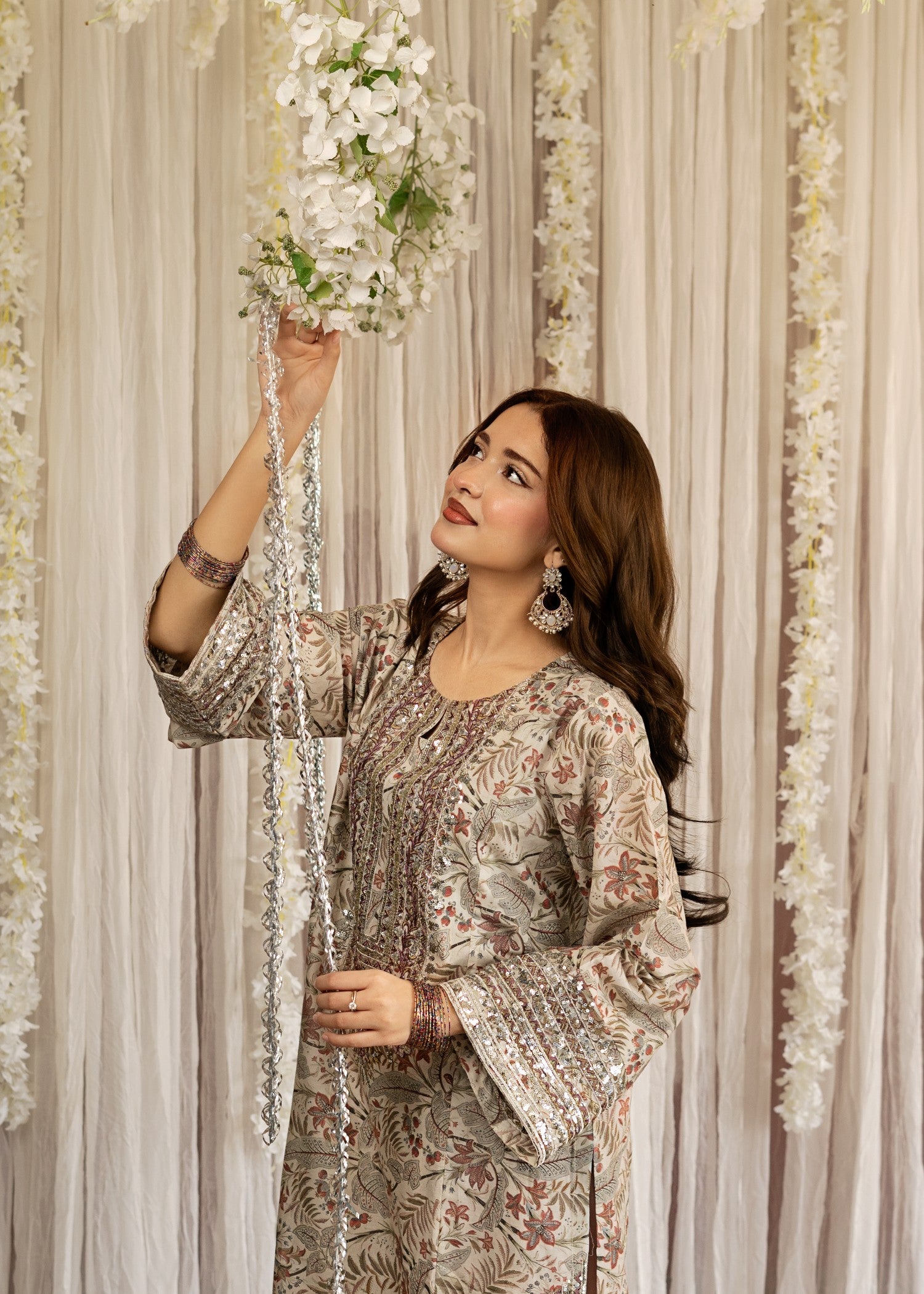 lawn Kurta Set in Peach pink, antique white