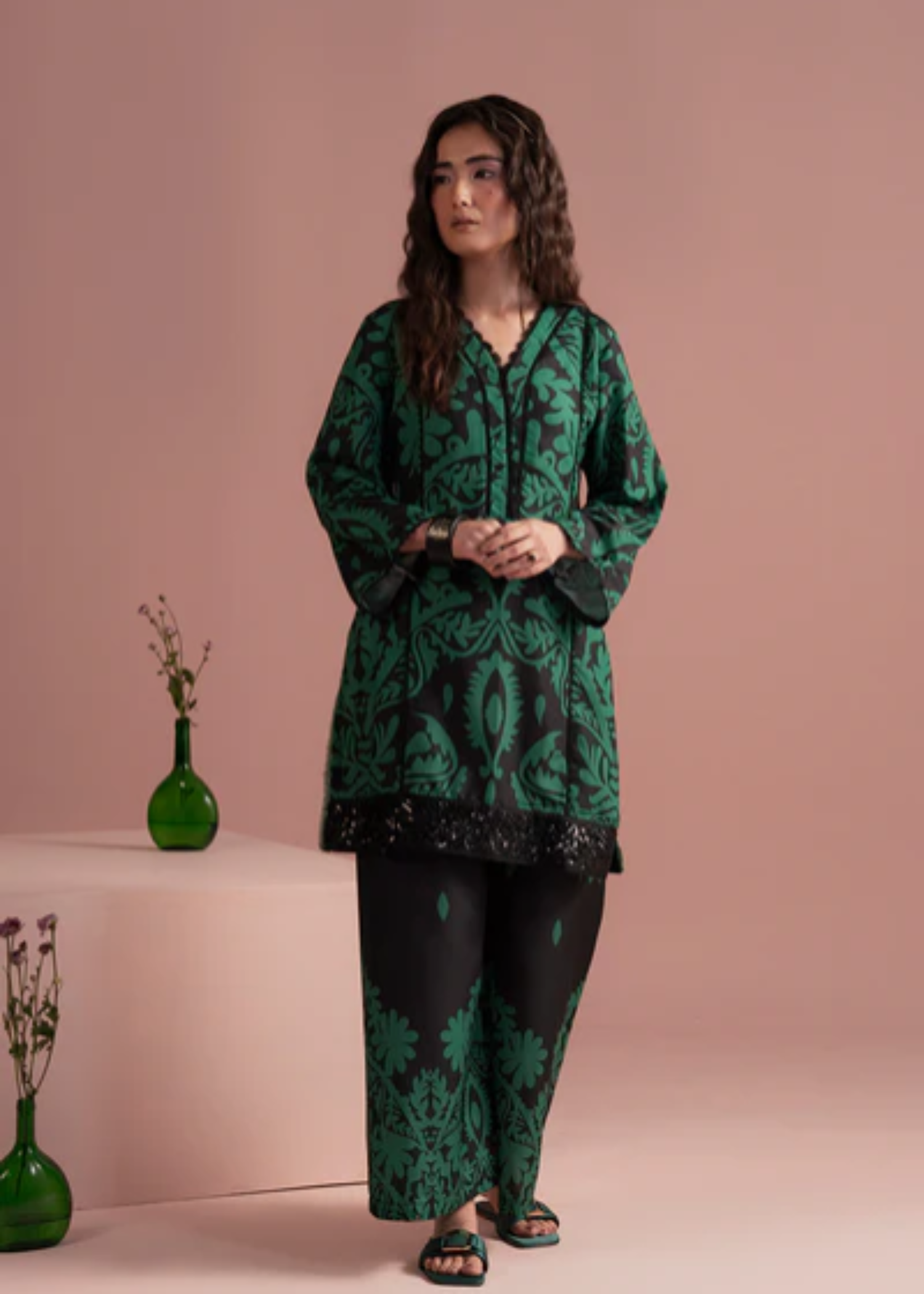 lawn Co Ord Sets in Black, emerald green
