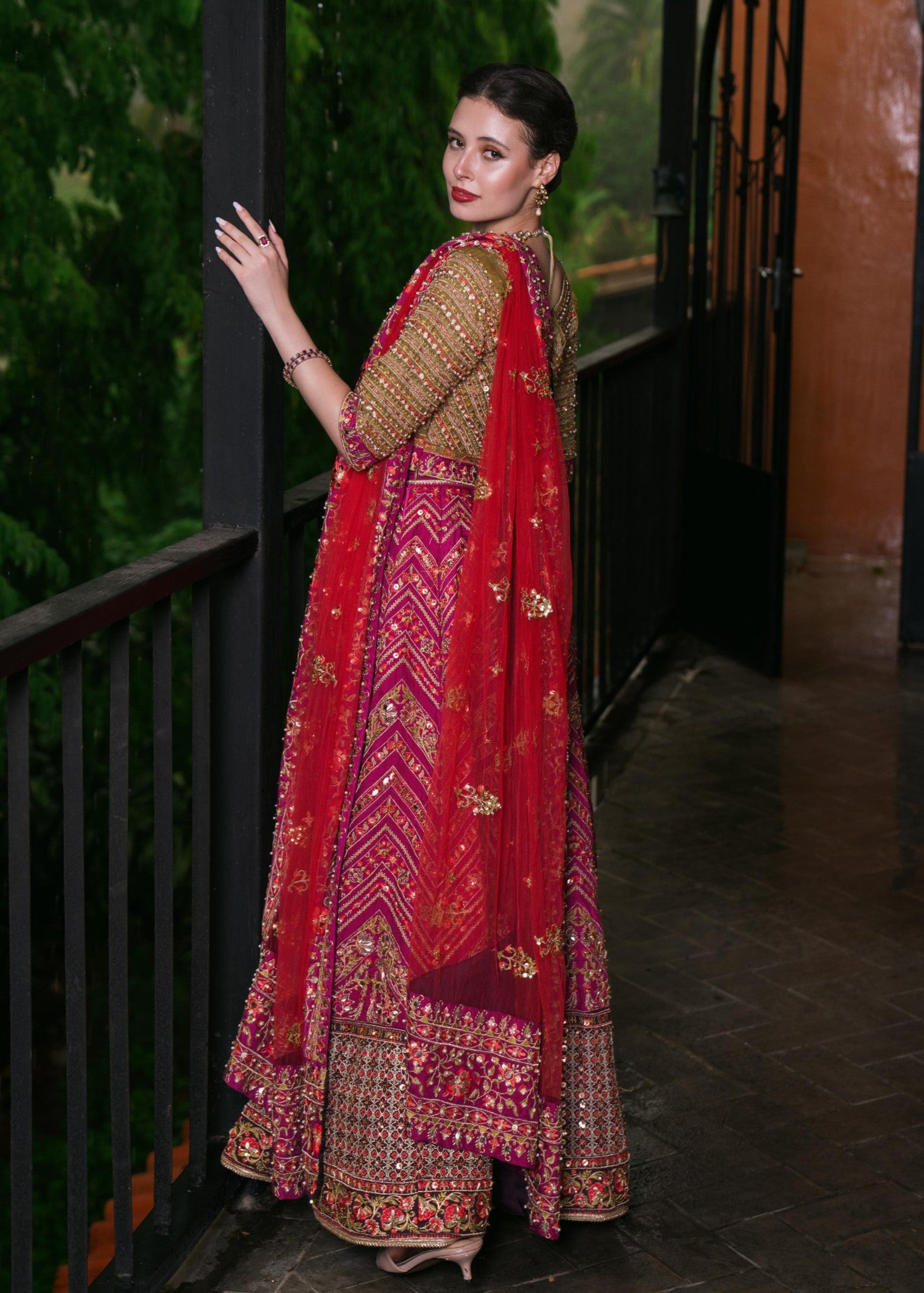 silk Lehenga in Red, plum, green