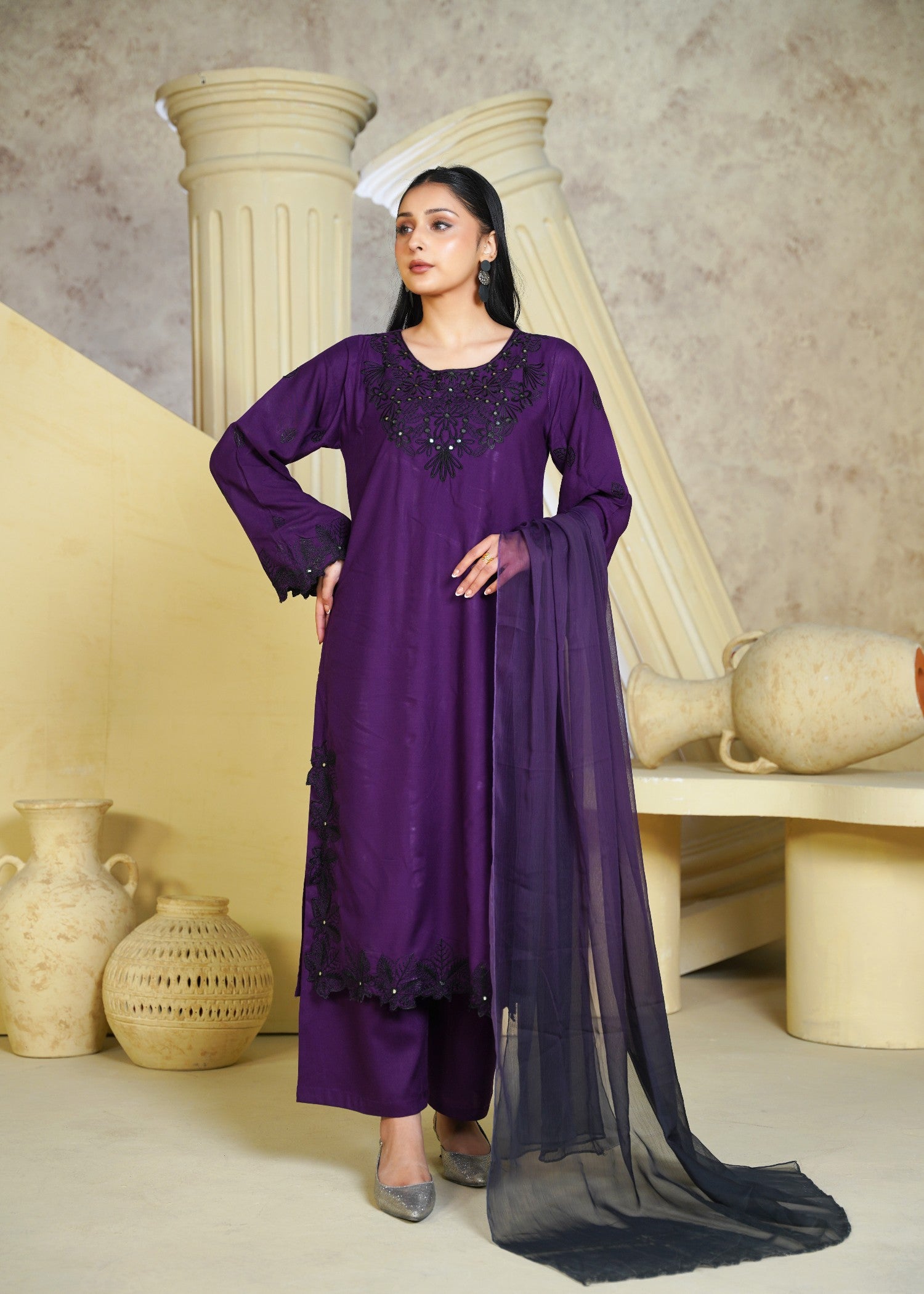 linen chambray Kurta Set in Royal amethyst