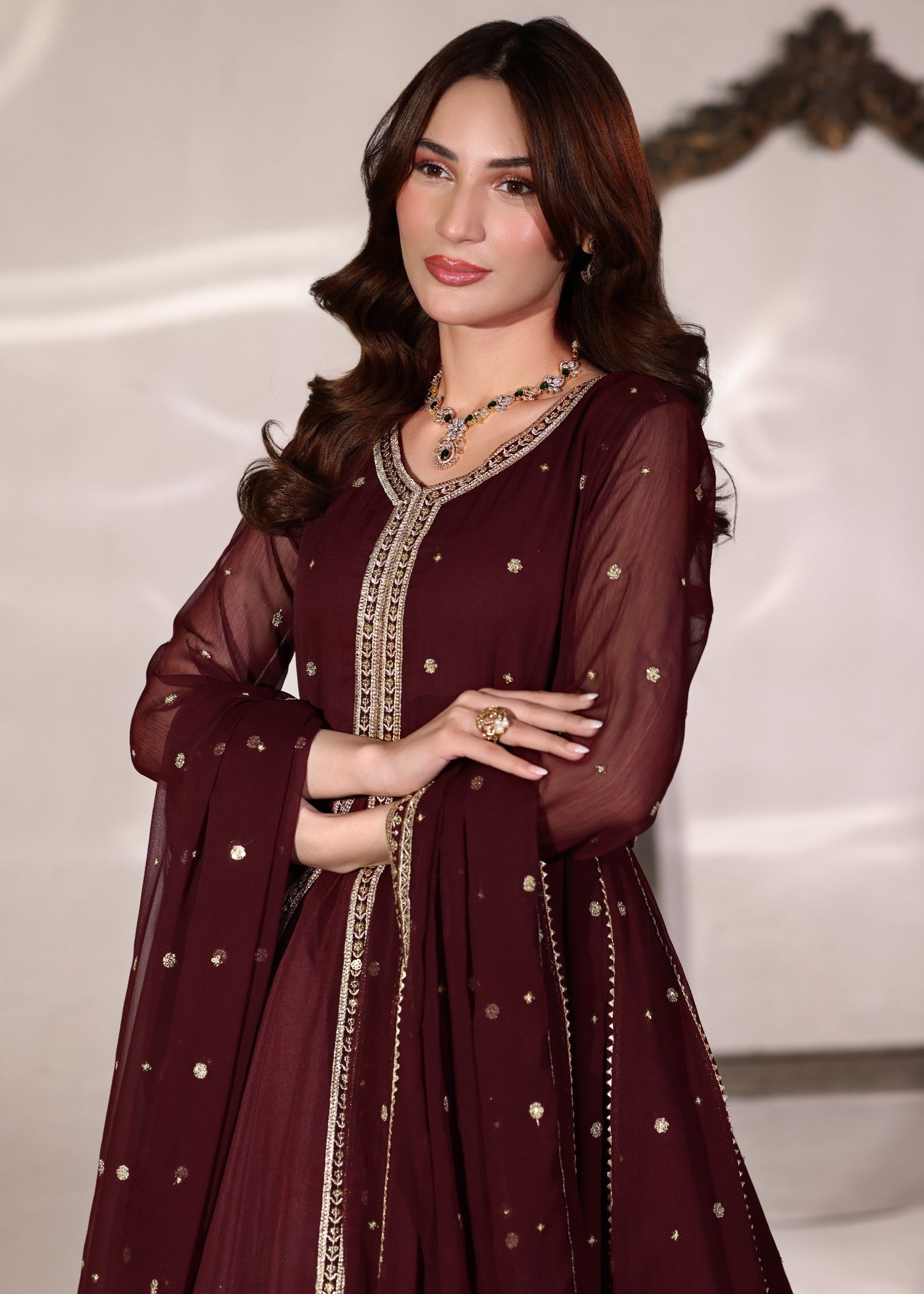 chiffon Pishwas in Maroon
