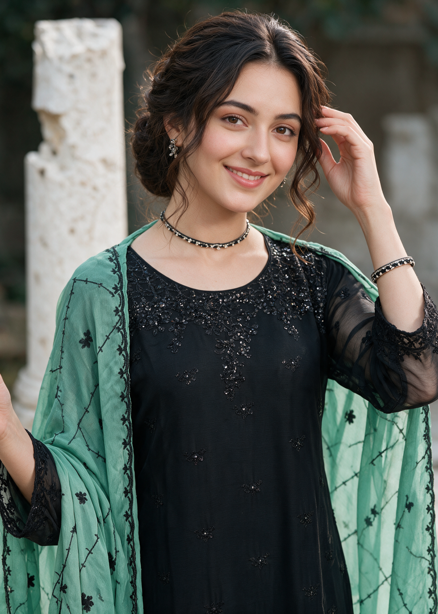 chiffon Sharara in Black, jungle green