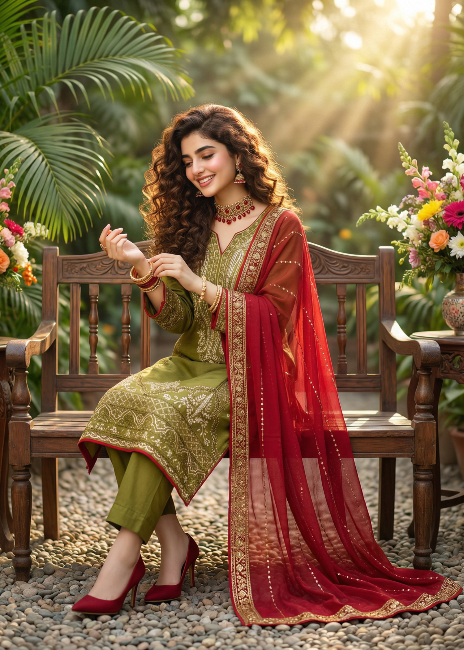 lawn Kurta Set in Olive green, maroon