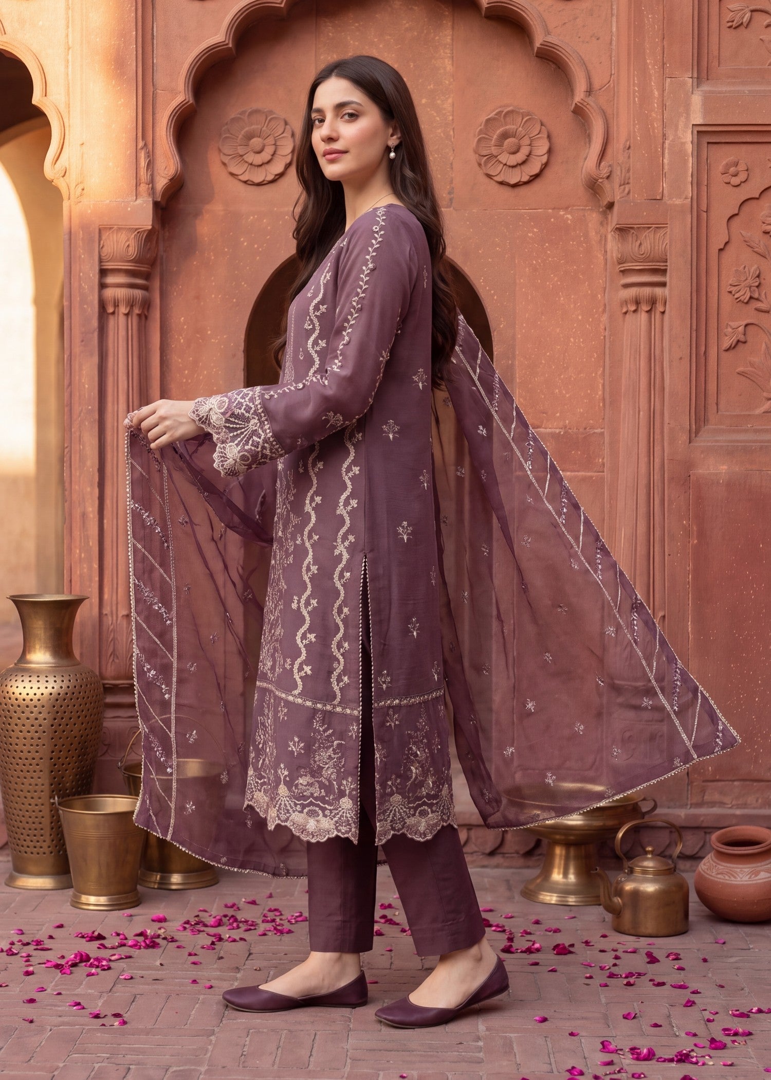 pk crinkle chiffon Kurta Set in Royal amethyst