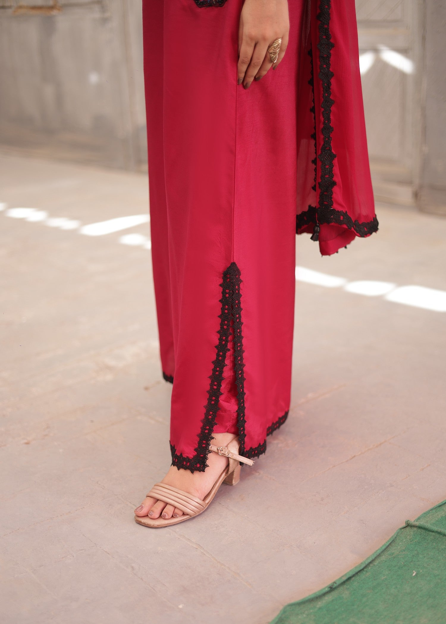 raw silk Kaftan in Cherry red