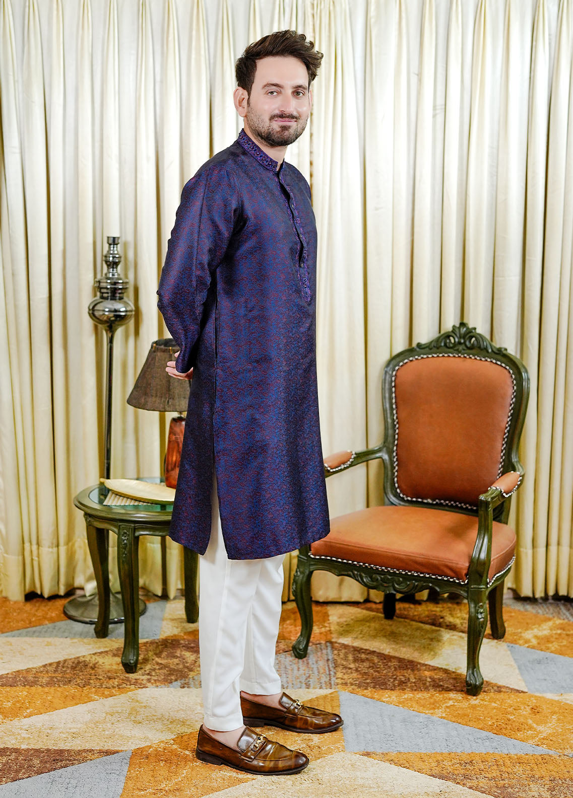 traditional jamawar Kurta in Blue by Real Image Clothing