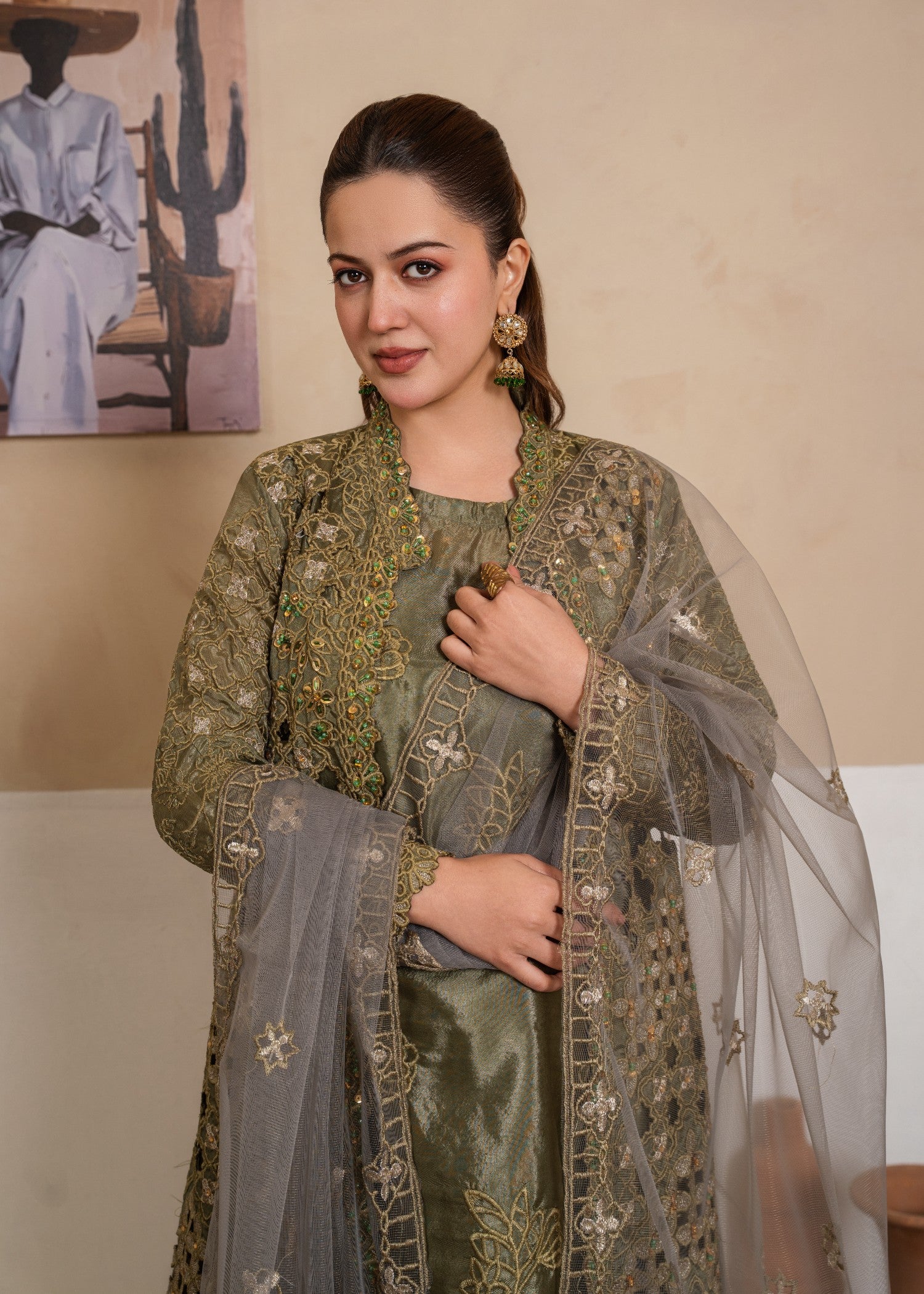 kattan silk Gown in Olive green