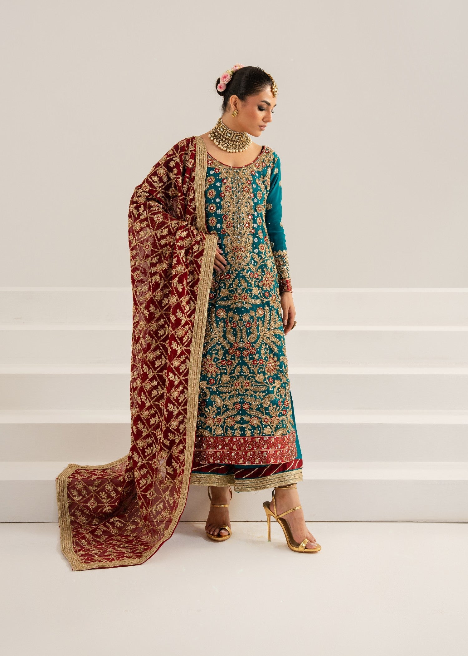 chiffon Kurta Set in Pine green
