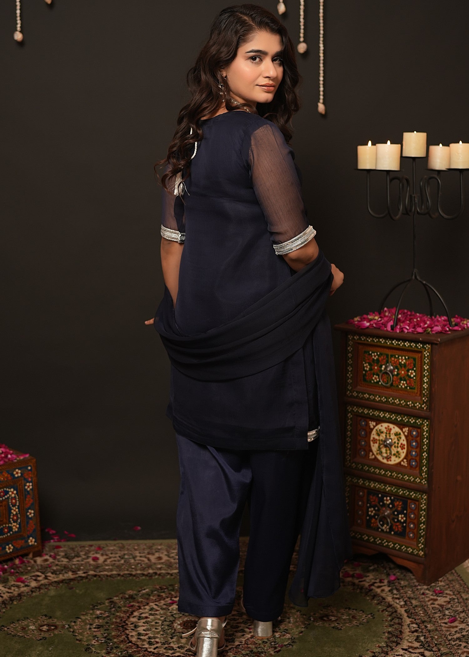 bemberg crinkle chiffon Kurta Set in Navy blue