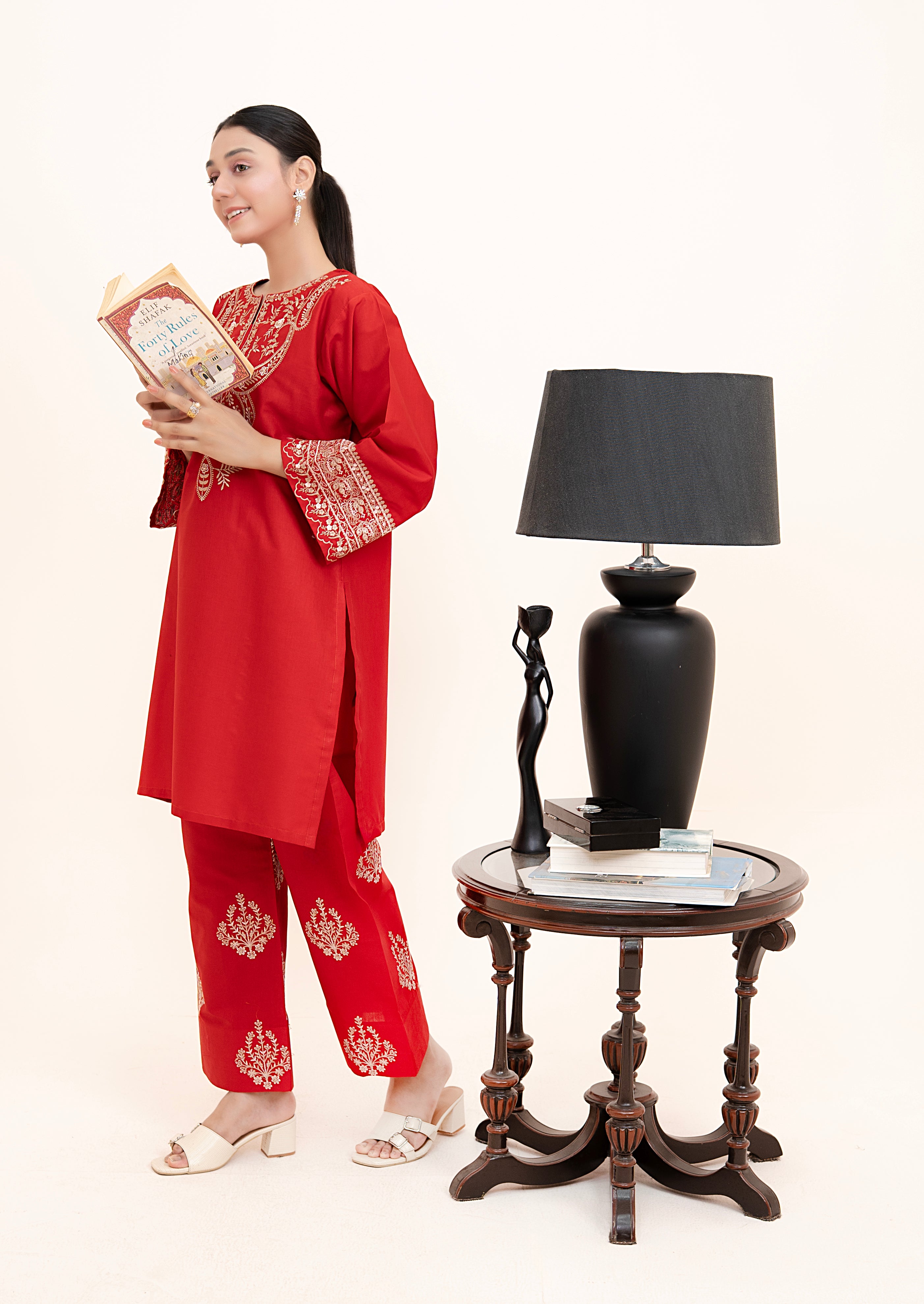 lawn cotton Kurta Set in Red