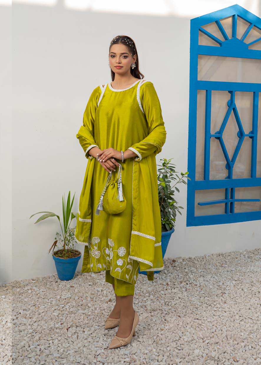 pure silk Kurta Set in Lime green