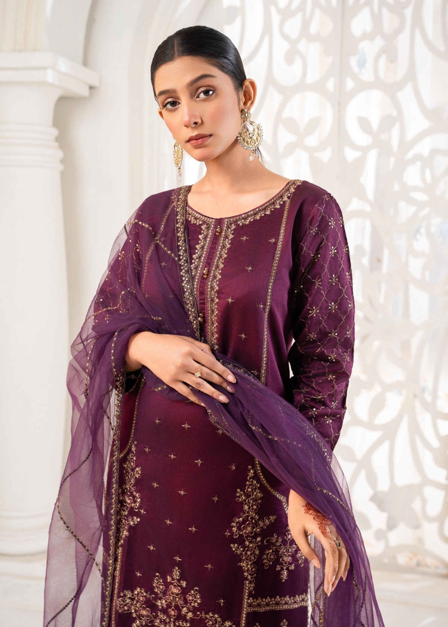 silk cotton net Kurta Set in Plum