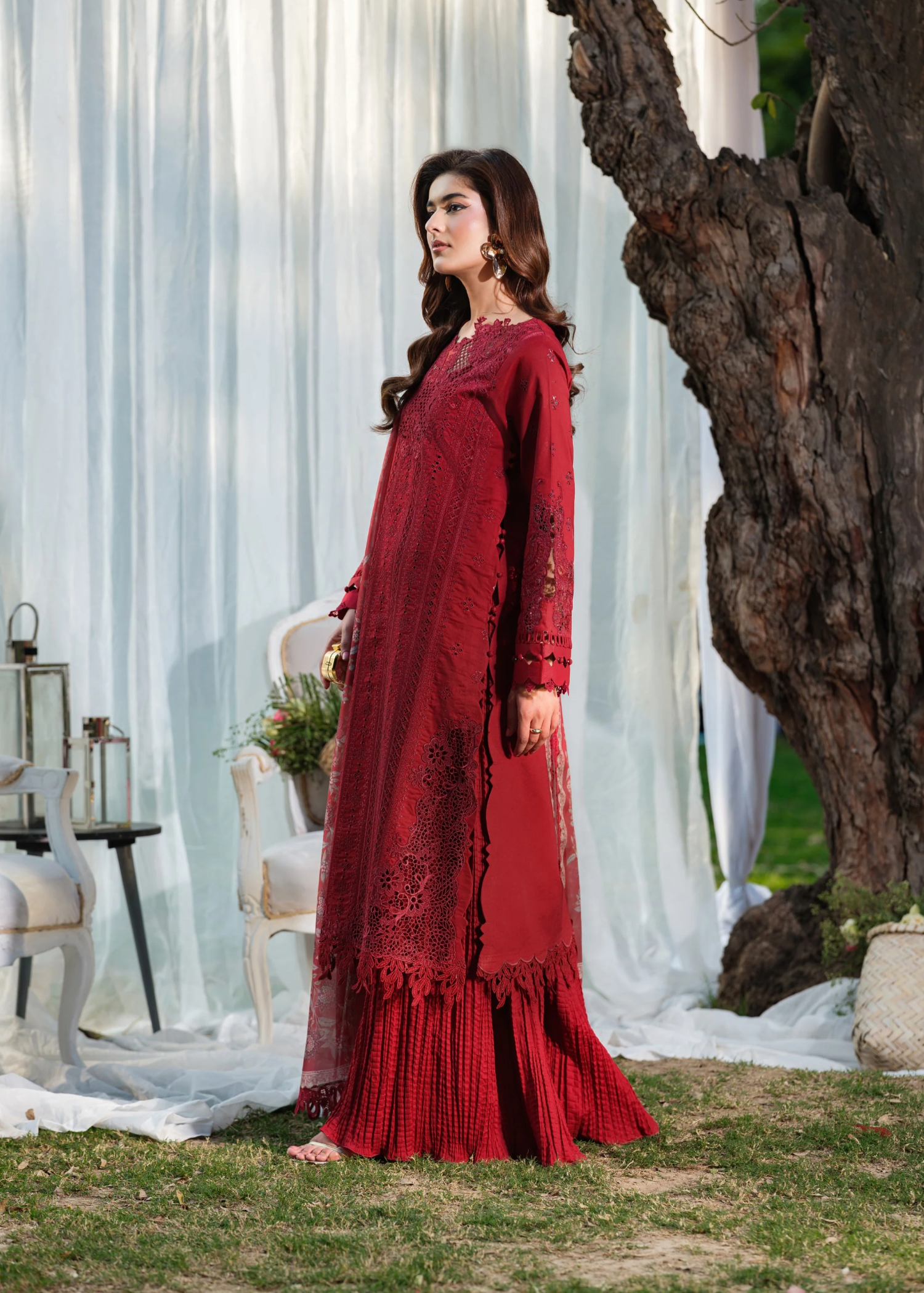 lawn Kurta Set in Persian red