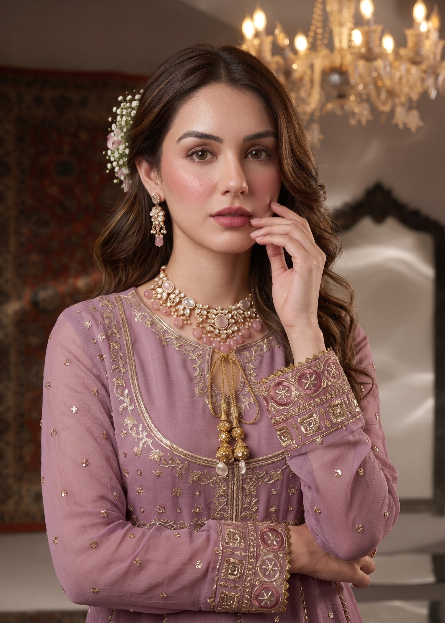 chiffon Anarkali in Mauve pink