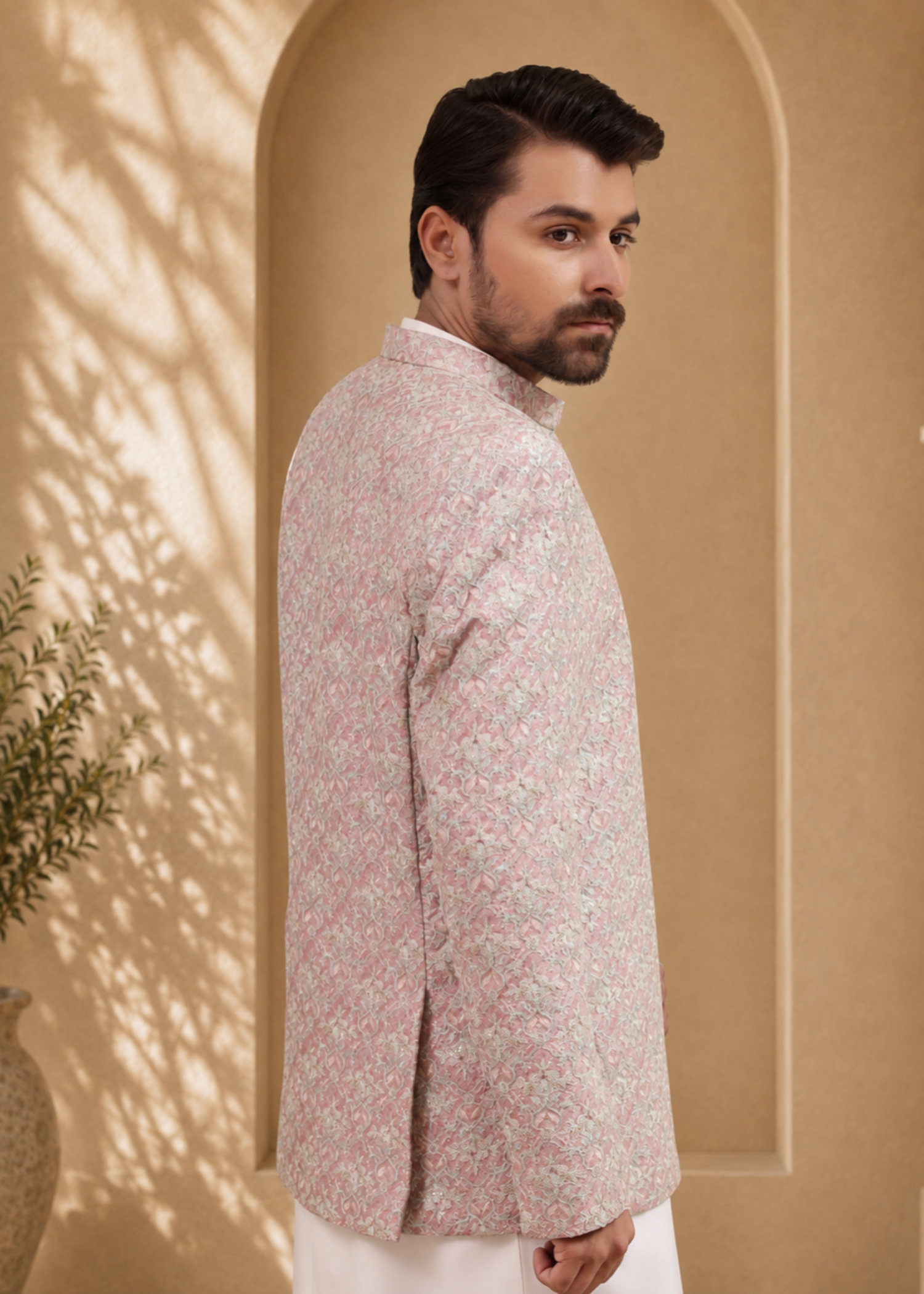 jamawar Prince Coat in Rose pink